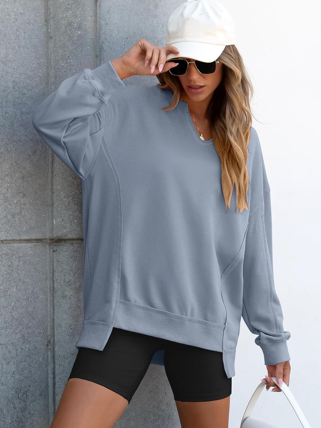 Detalle de ANRABESS Women's Oversized V-Neck Sweatshirt with Patchwork and Longer Hem