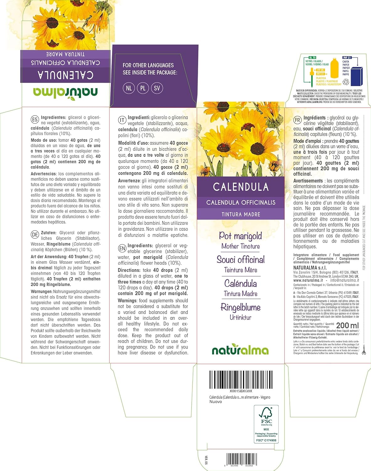 Detalle de Calendula 200 ml Tintura Madre analcoolica in gocce di Naturalma – Estratto liquido concentrato, Vegano e italiano