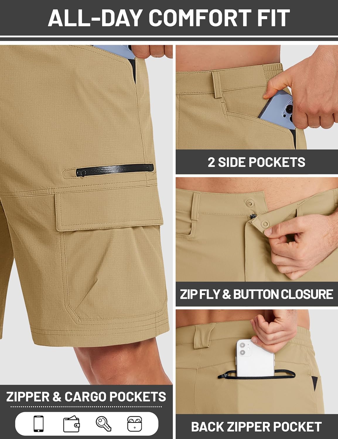 Detalle 1 de TACVASEN Men's Quick-Dry Cargo Shorts, Summer Style, 5 Pockets