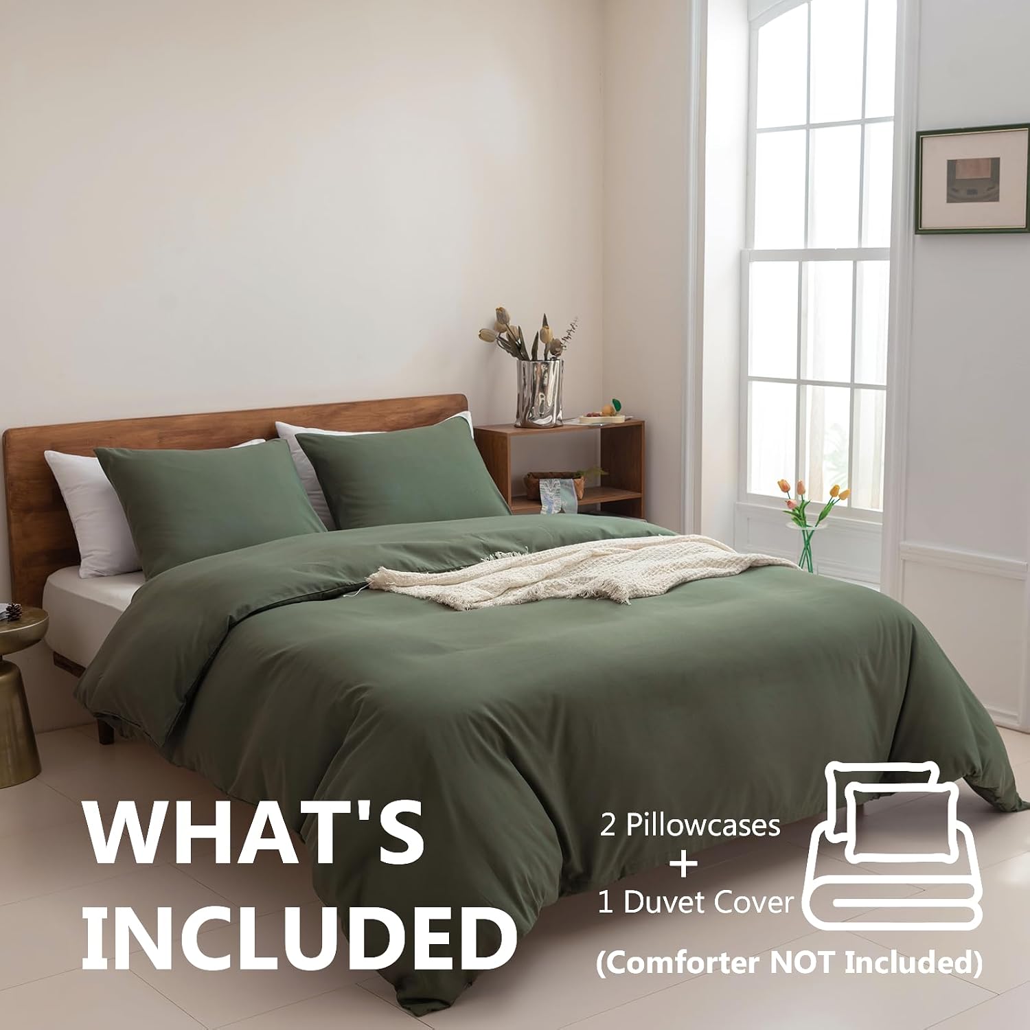 Detalle 2 de TTCM JF-CHUNSE-007 Queen Duvet Cover Set, Olive Green, Zipper, 3-Piece