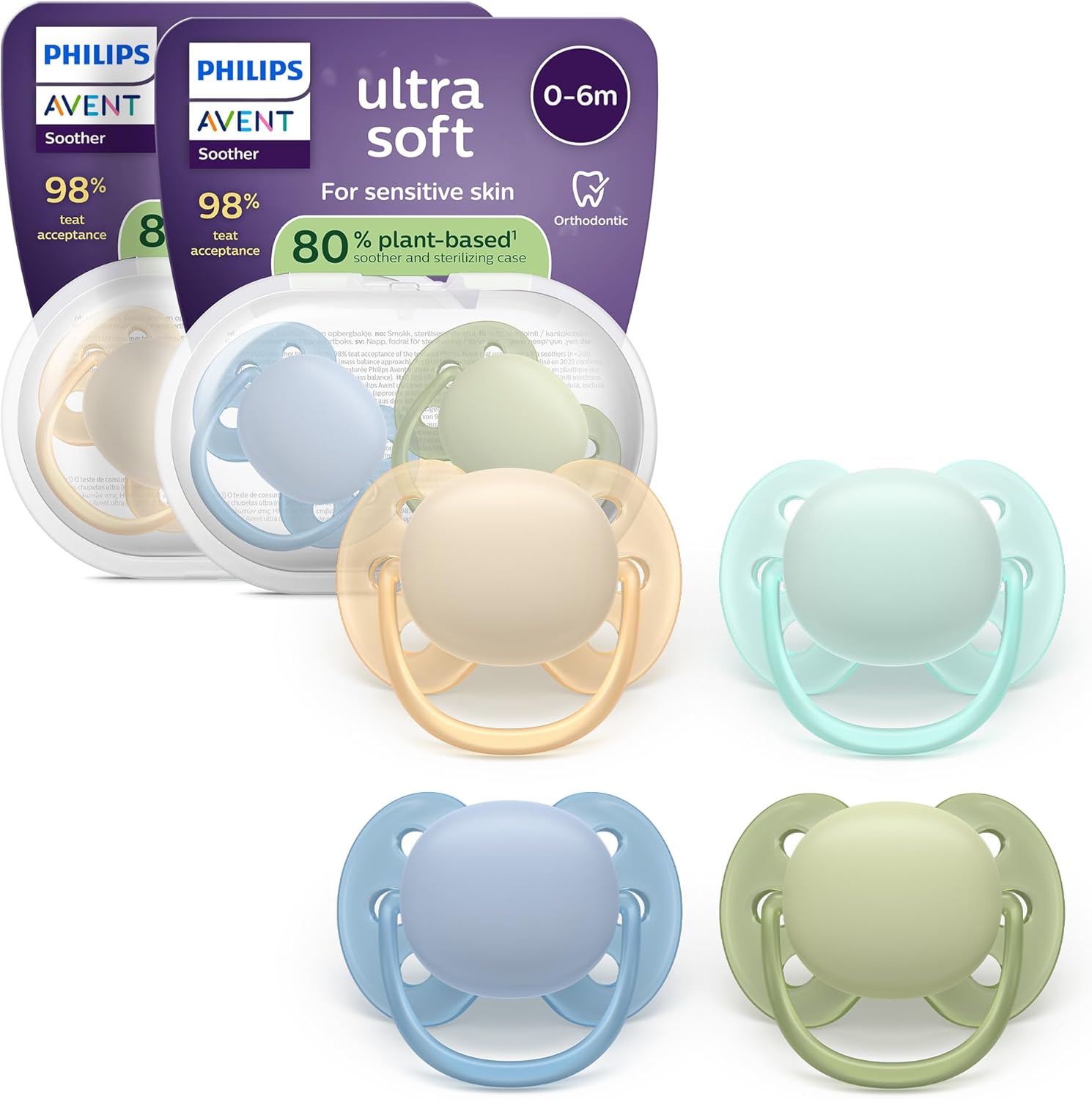 Detalle de Philips Avent Sucettes ultra-douces SCF091/50 — lot de 4, téterelle orthodontique en silicone végétal sans BPA
