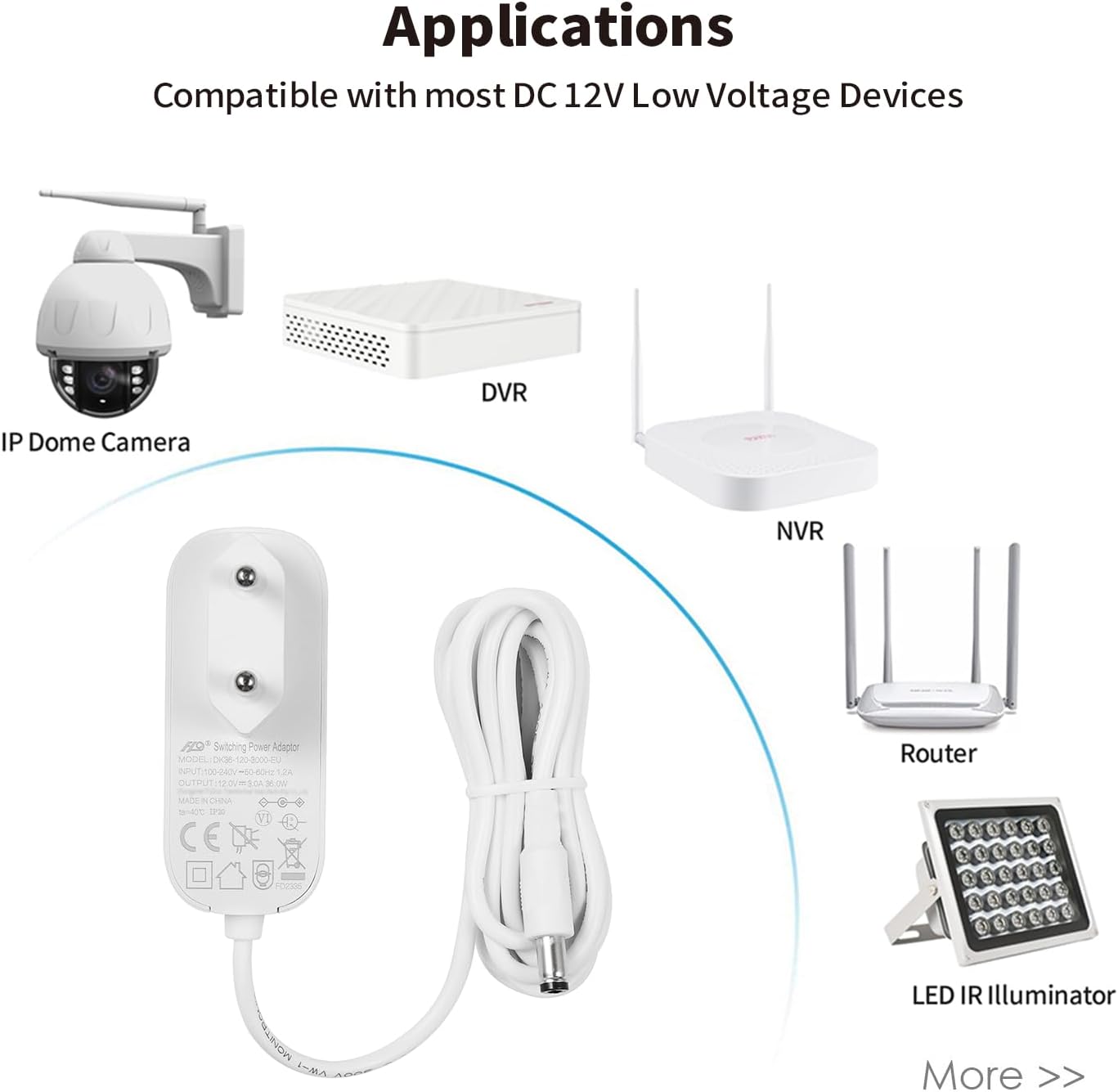 Thumbnail 3 de Tonton 12V-3A Netzteil (36W) mit 1,8 m Kabel, DC-Stecker 5,5 mm × 2,1 mm – für CCTV & Geräte mit 12V