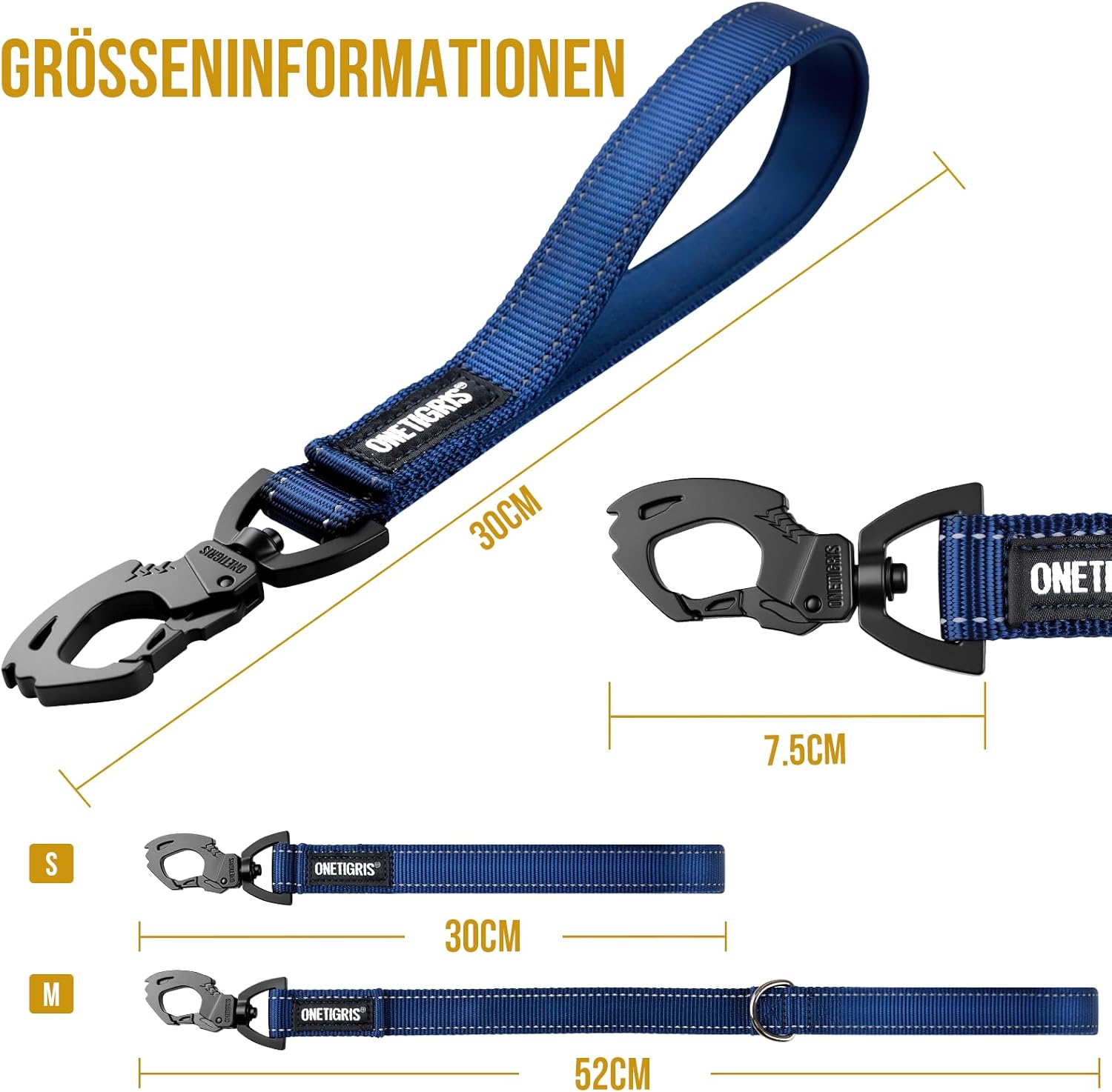 Detalle de OneTigris Bolt Laisse Courte pour Chien 30 cm avec Clip Métallique et Rembourrage — Nylon Réfléchissant
