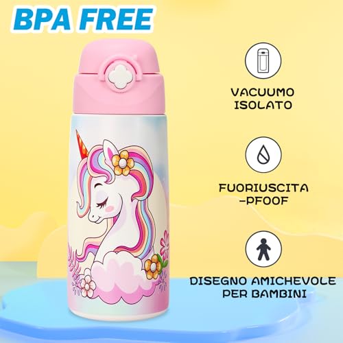 Detalle de Ntswasd Borraccia Termica Bambini 500 ml in Acciaio Inox Unicorno – BPA free, antileak, con cannucia e pulizia