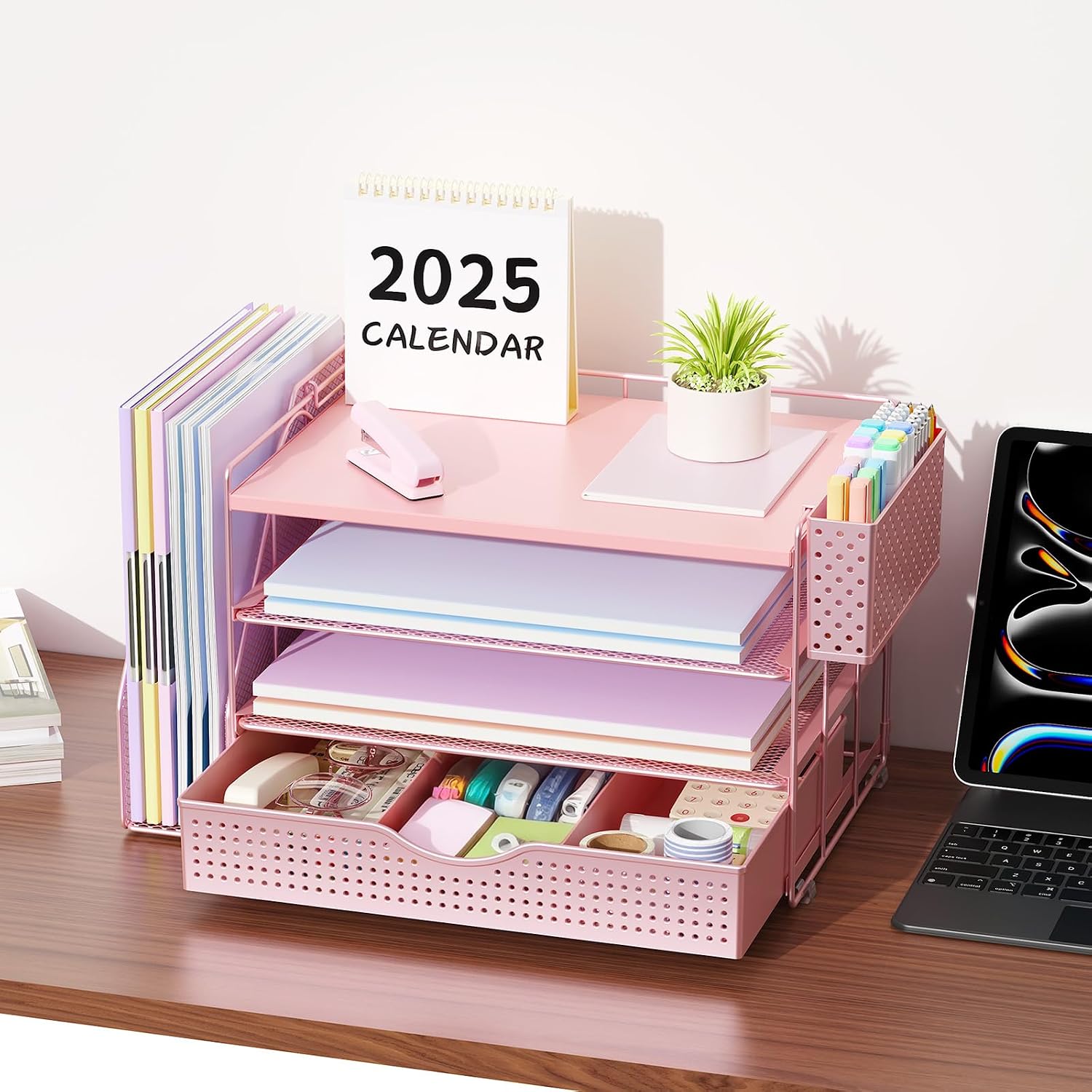 Thumbnail 4 de Pink 4-Tier Wood Desk Organizer with Drawer, File Rack, and Pen Holder