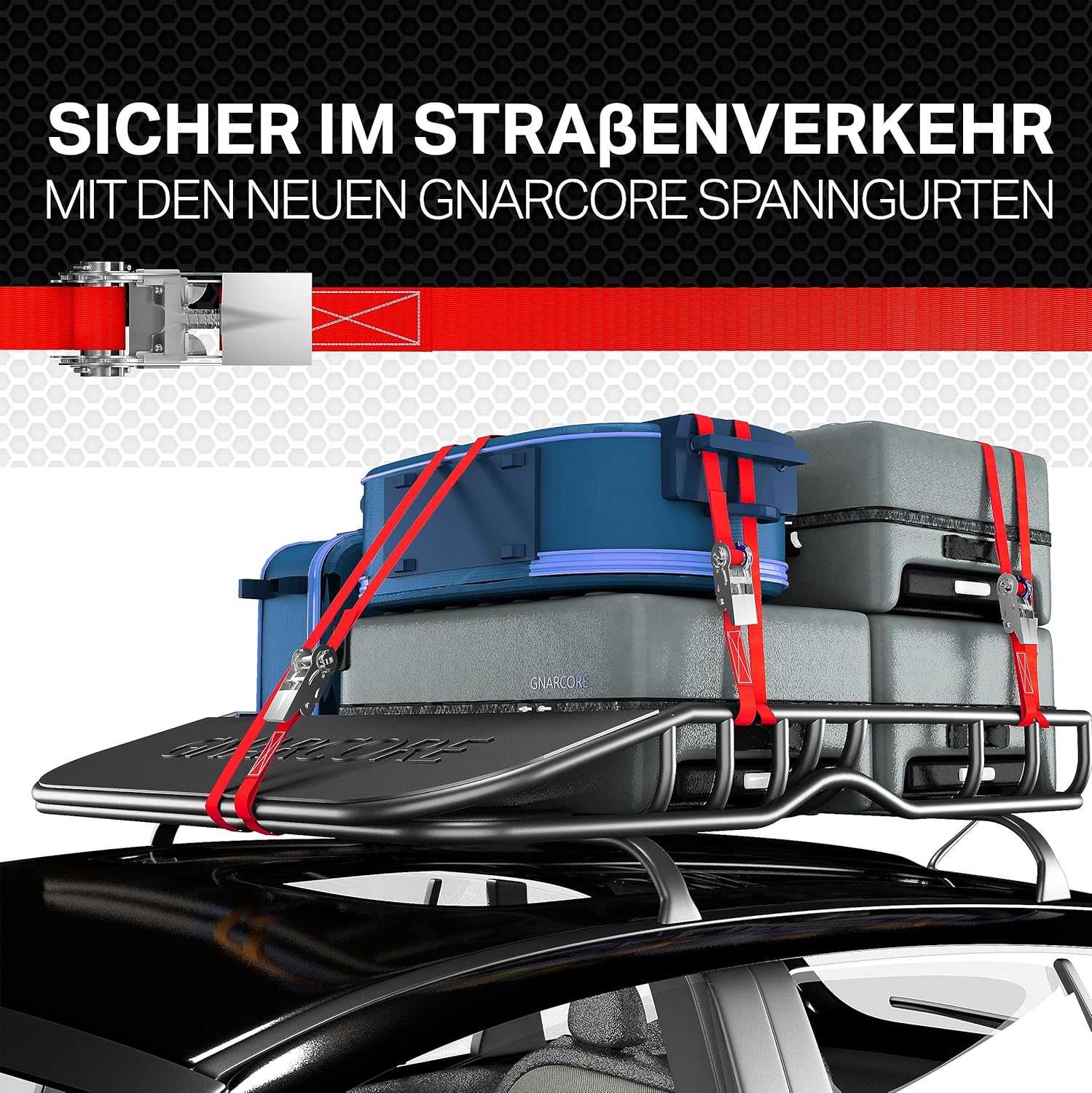 Detalle 2 de Gnarcore wetterfeste Basic Spanngurte mit Ratsche 4 m / 6 m – 300 kg Zugkraft, 25 mm Breite