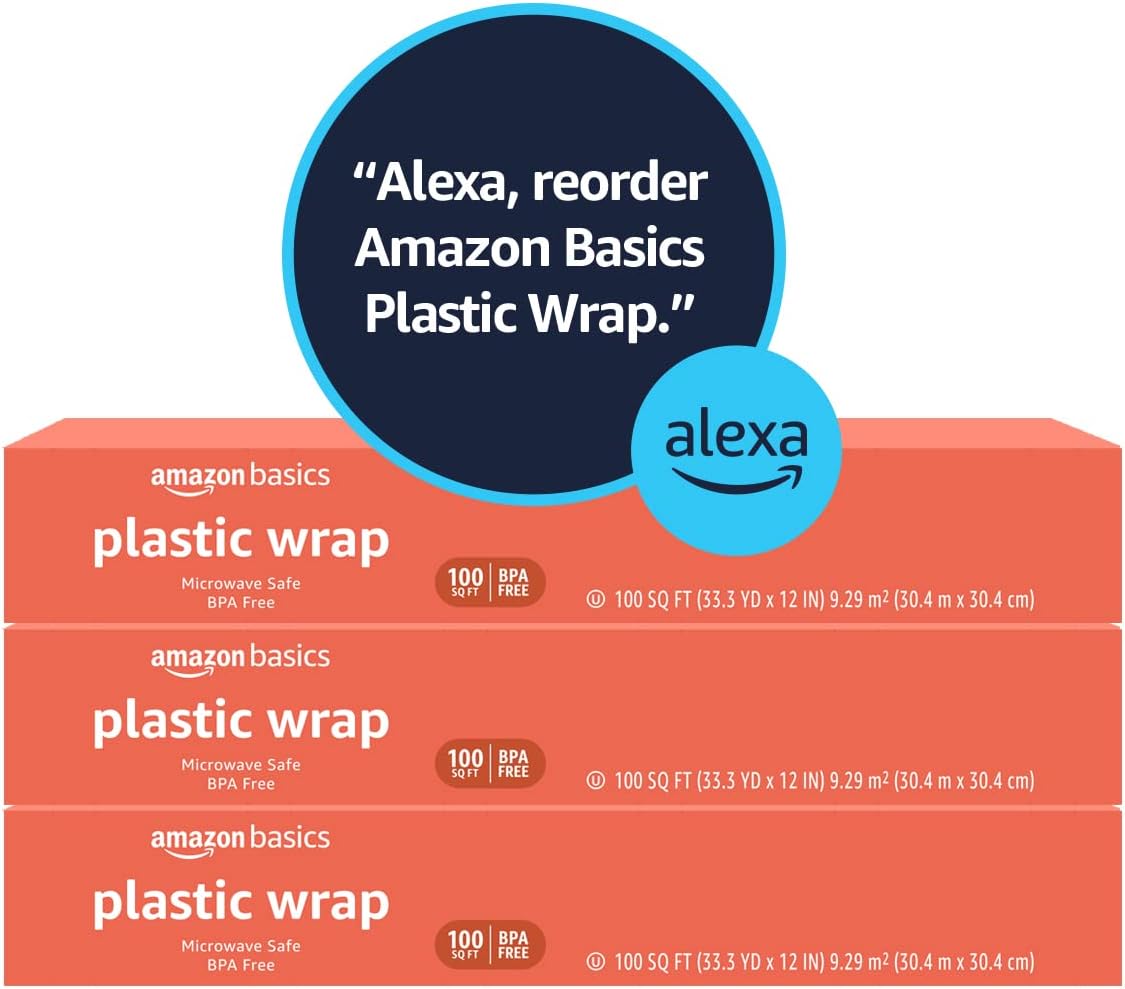 Detalle de Amazon Basics Plastic Food Wrap, BPA Free, Microwave Safe, 3-Pack (100 ft per roll)