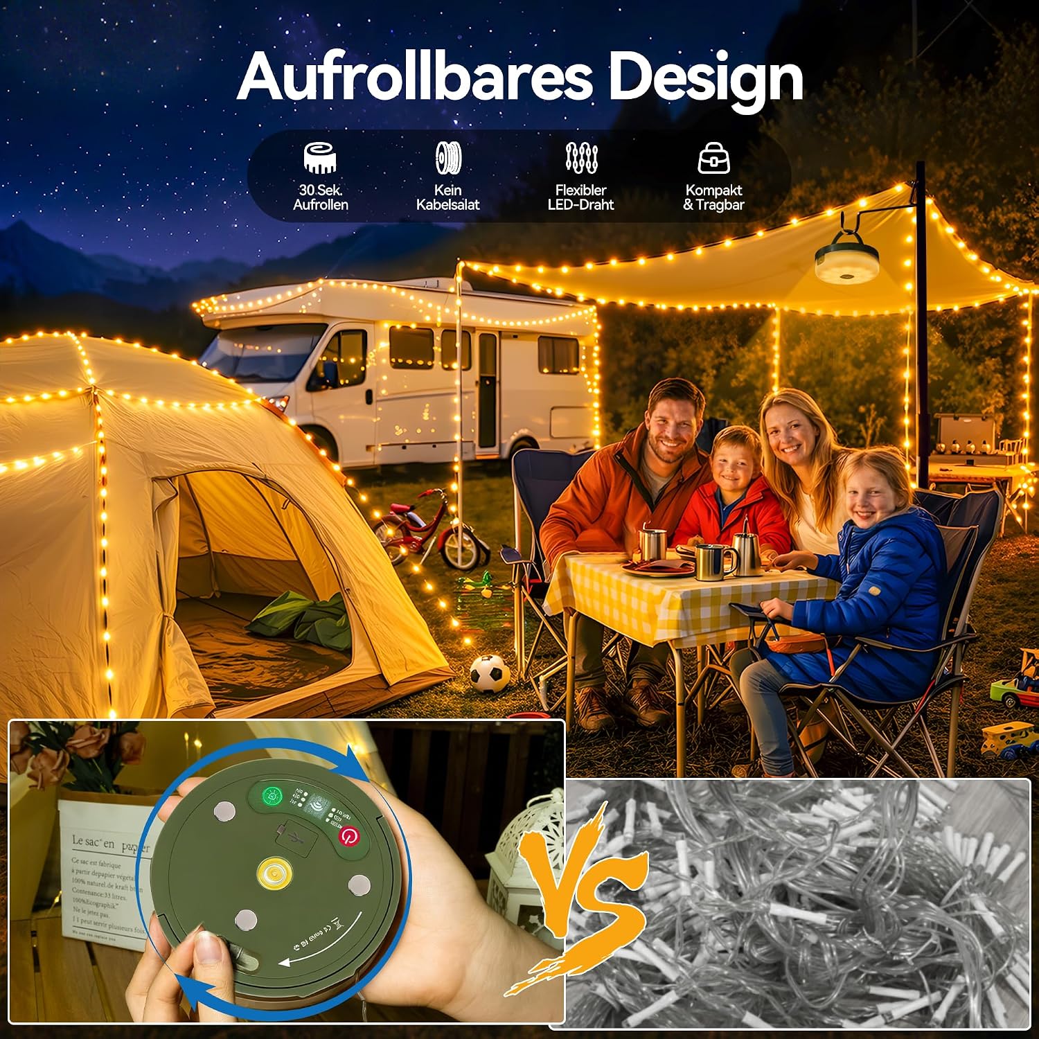 Detalle 2 de Hopexy Camping Lichterkette Aufrollbar 10M LED – 4-in-1 Campinglampe mit Powerbank