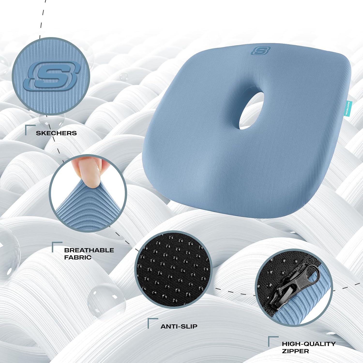 Detalle de Skechers Memory Foam Seat Cushion, Blue, with Washable Cover and Non-Slip Base