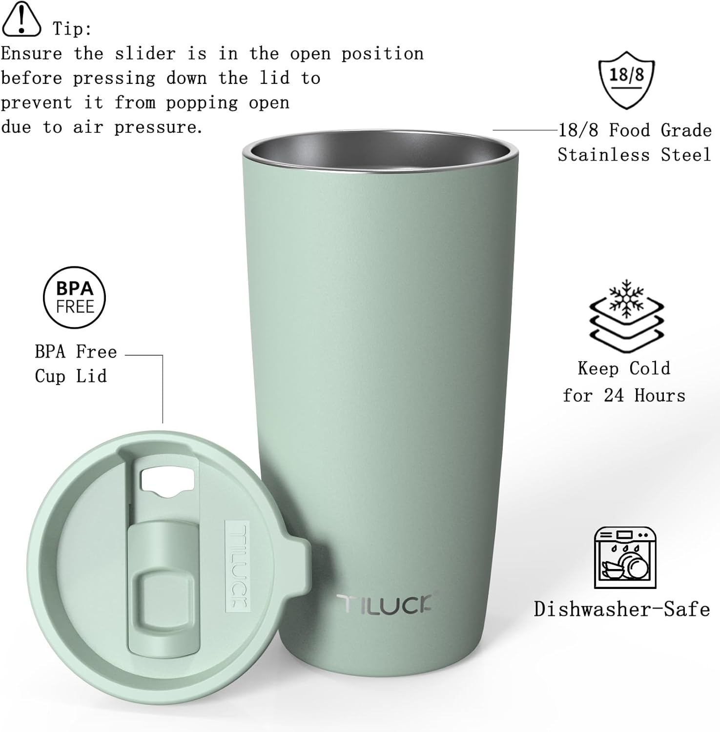 Thumbnail 1 de TILUCK 20 oz Insulated Tumbler with BPA-Free Press-Style Lid (Matte MintGreen) — Vacuum Travel Coffee Mug