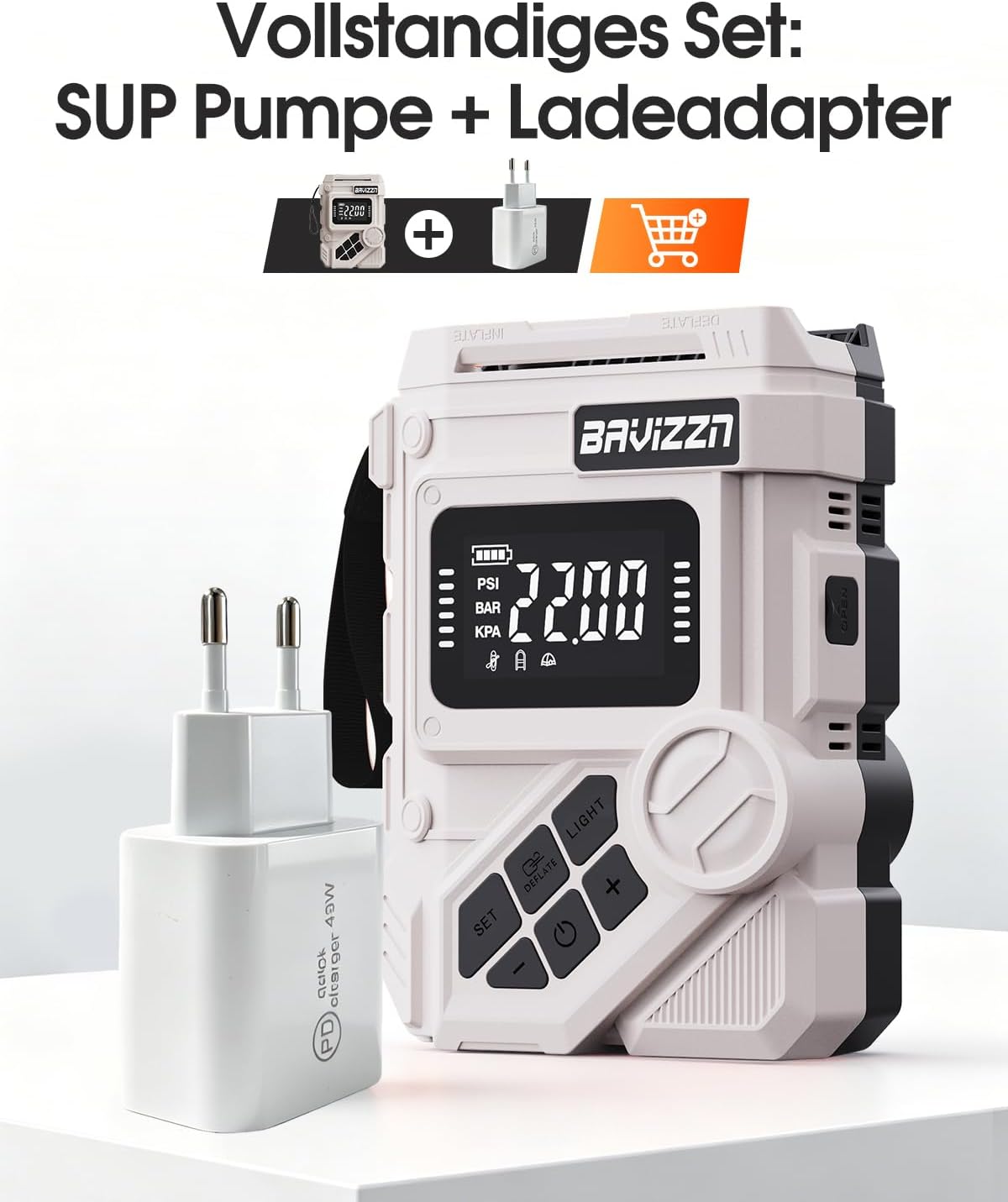 Thumbnail 1 de BAVIZZN 22PSI Elektrische SUP Pumpe mit Akku 12VDC – kompakte Allround-Pumpe für Paddleboard, Boote und Kajaks