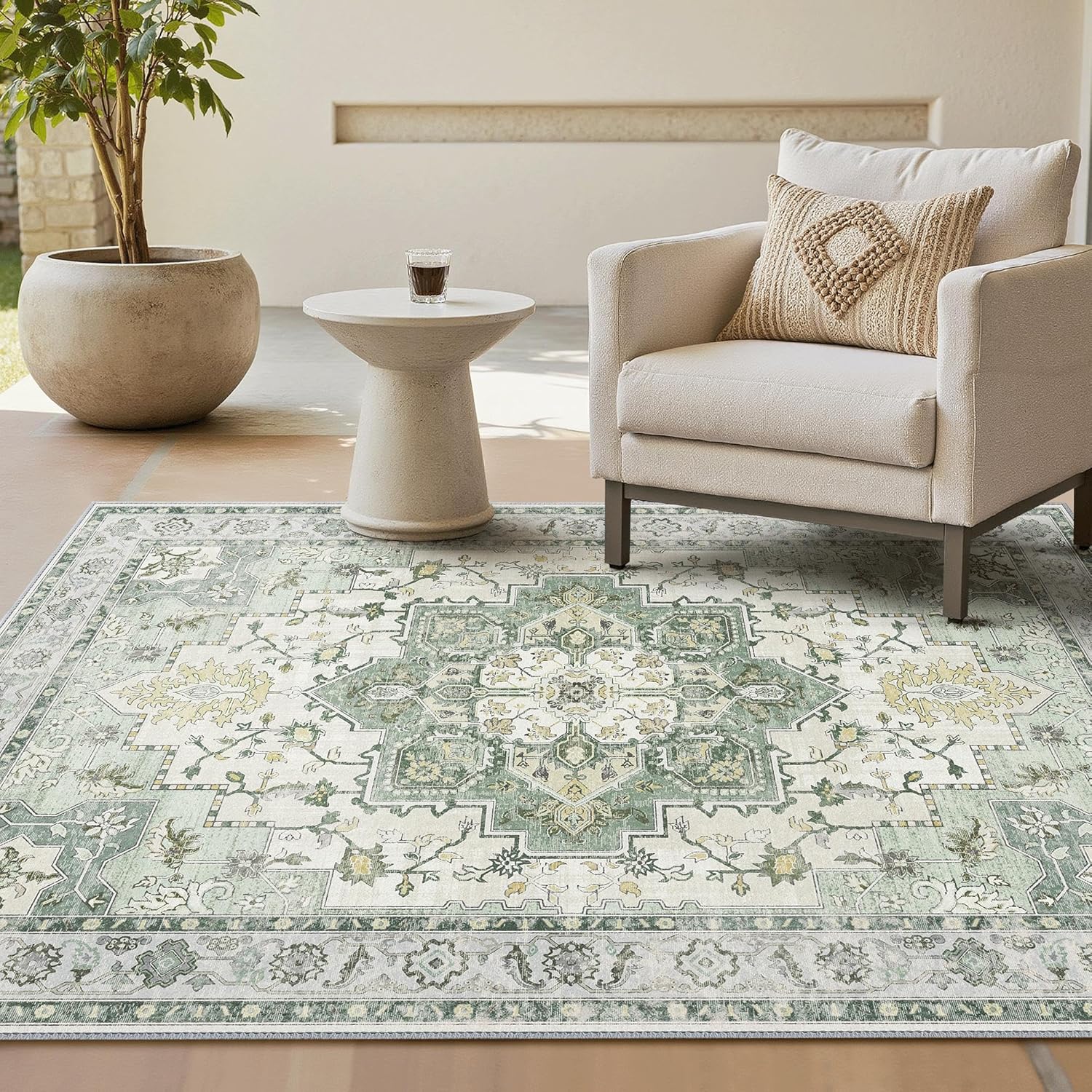 Detalle de GENIMO Tapis Vintage pour Salon 160x230 cm — Vert, lavable, dos antidérapant