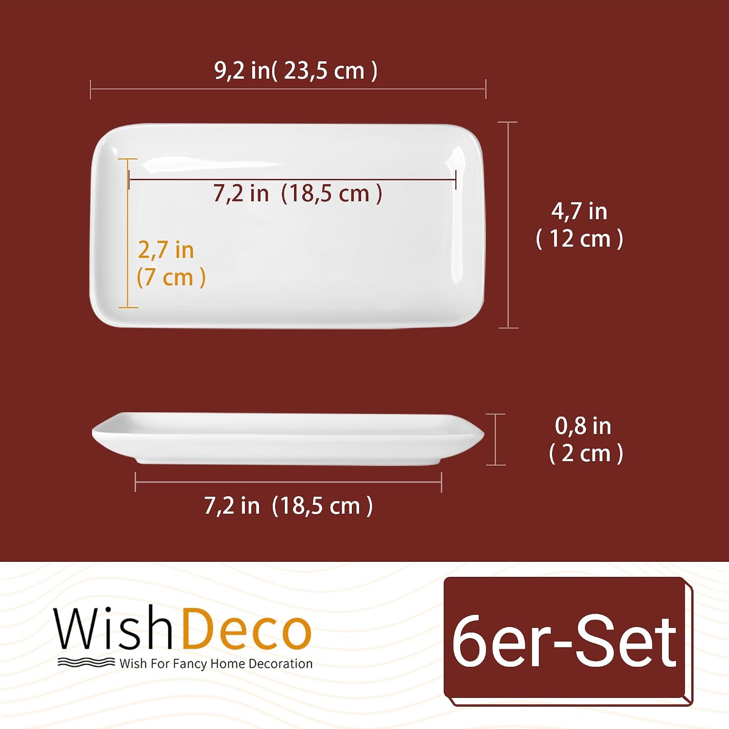 Thumbnail 2 de WishDeco 9IN-6PLATES Rectangular Ceramic Serving Plates, Set of 6, White