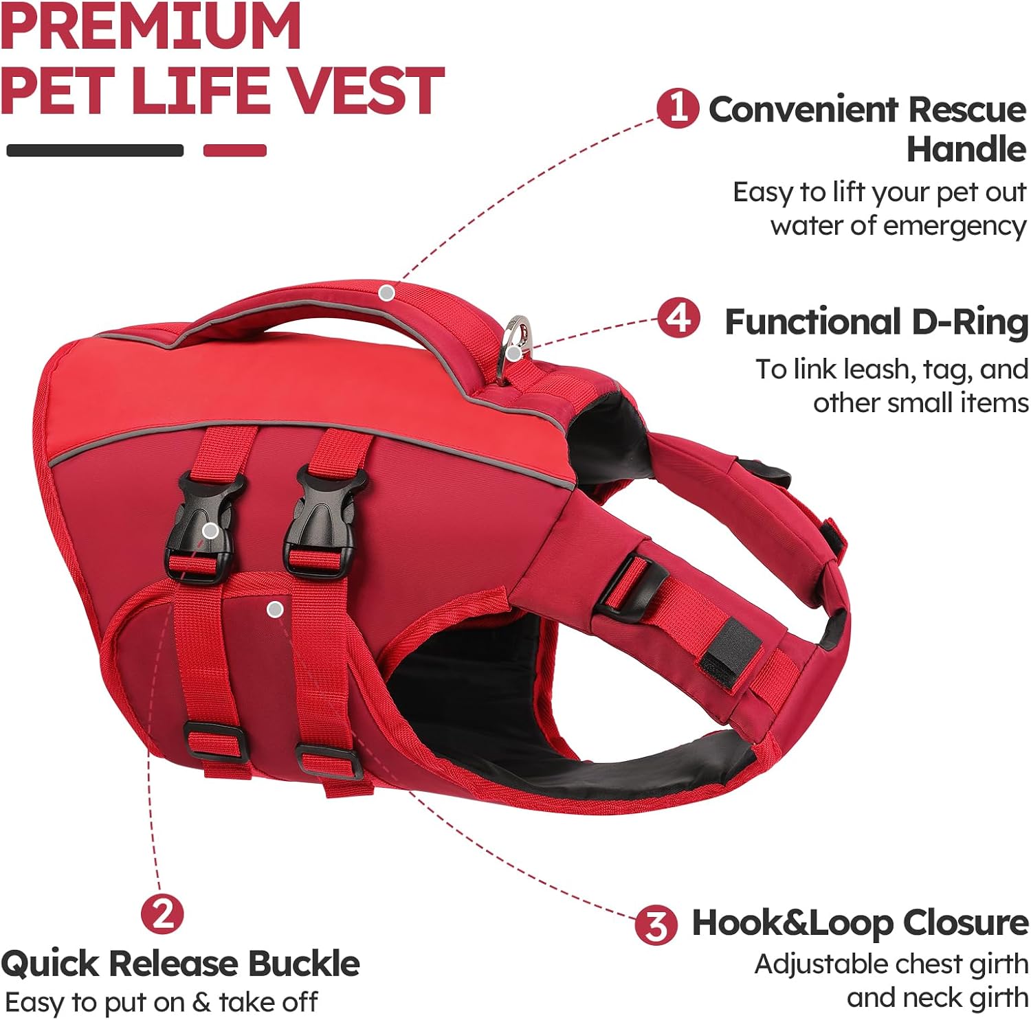 Detalle 2 de Queenmore Large Dog Life Vest: Reflective, Adjustable & Easy Rescue Handle (XXL, Red)