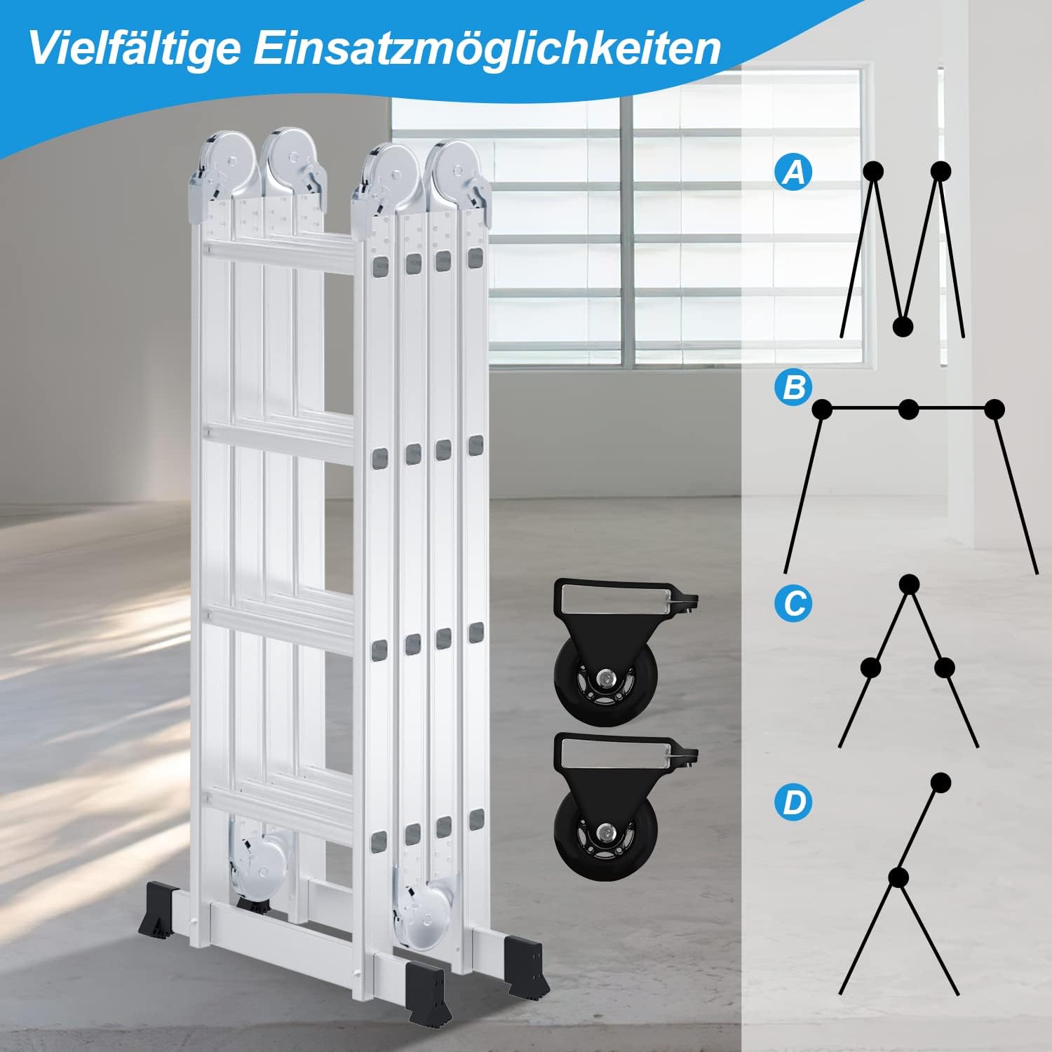 Thumbnail 5 de Ansobea 4.7M Aluminium Mehrzweckleiter 4x4 Stufen – robuste 6-in-1-Leiter mit Plattform und Rädern