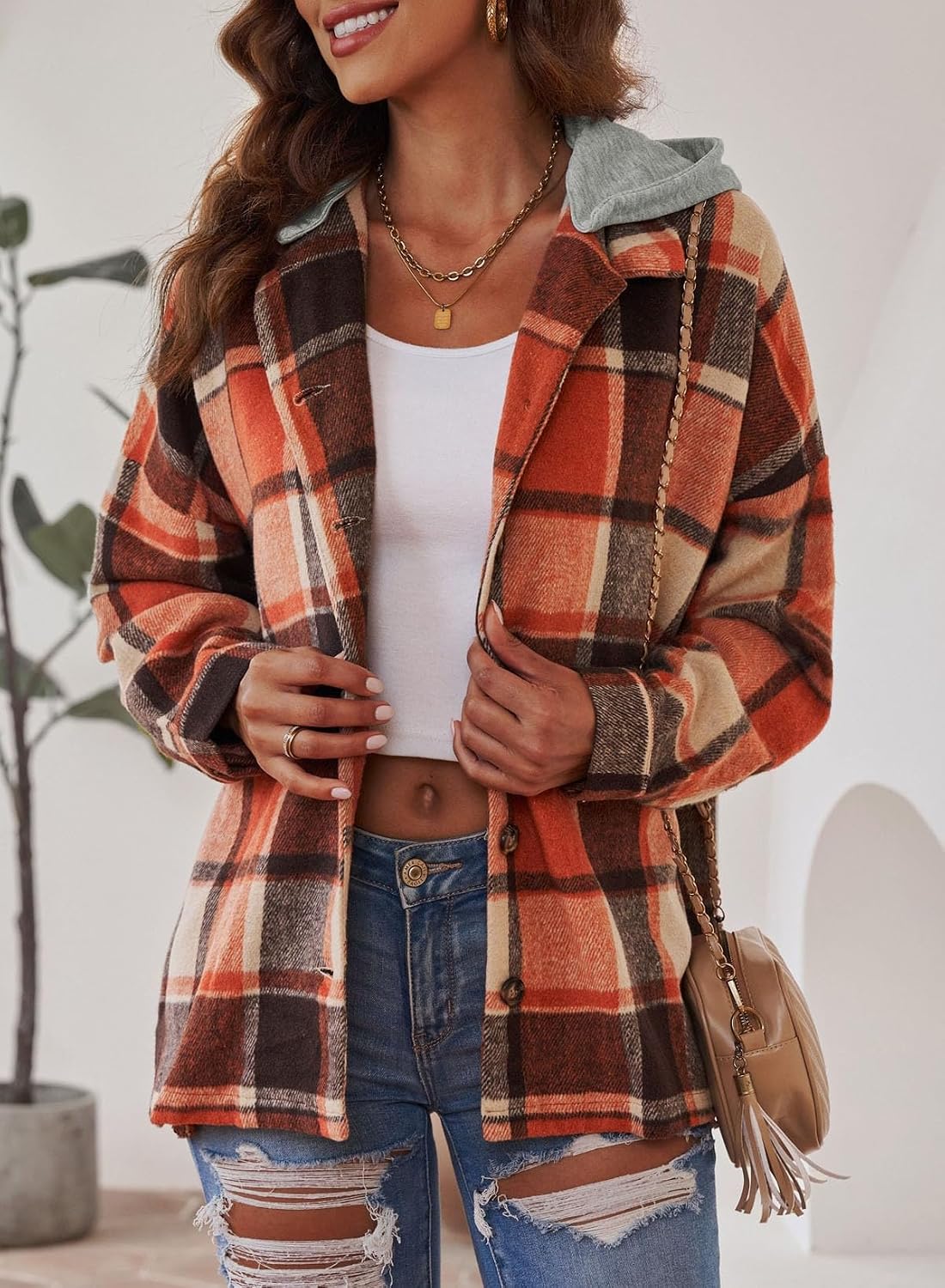 Detalle 2 de SHEWIN Women's Plaid Hooded Shacket