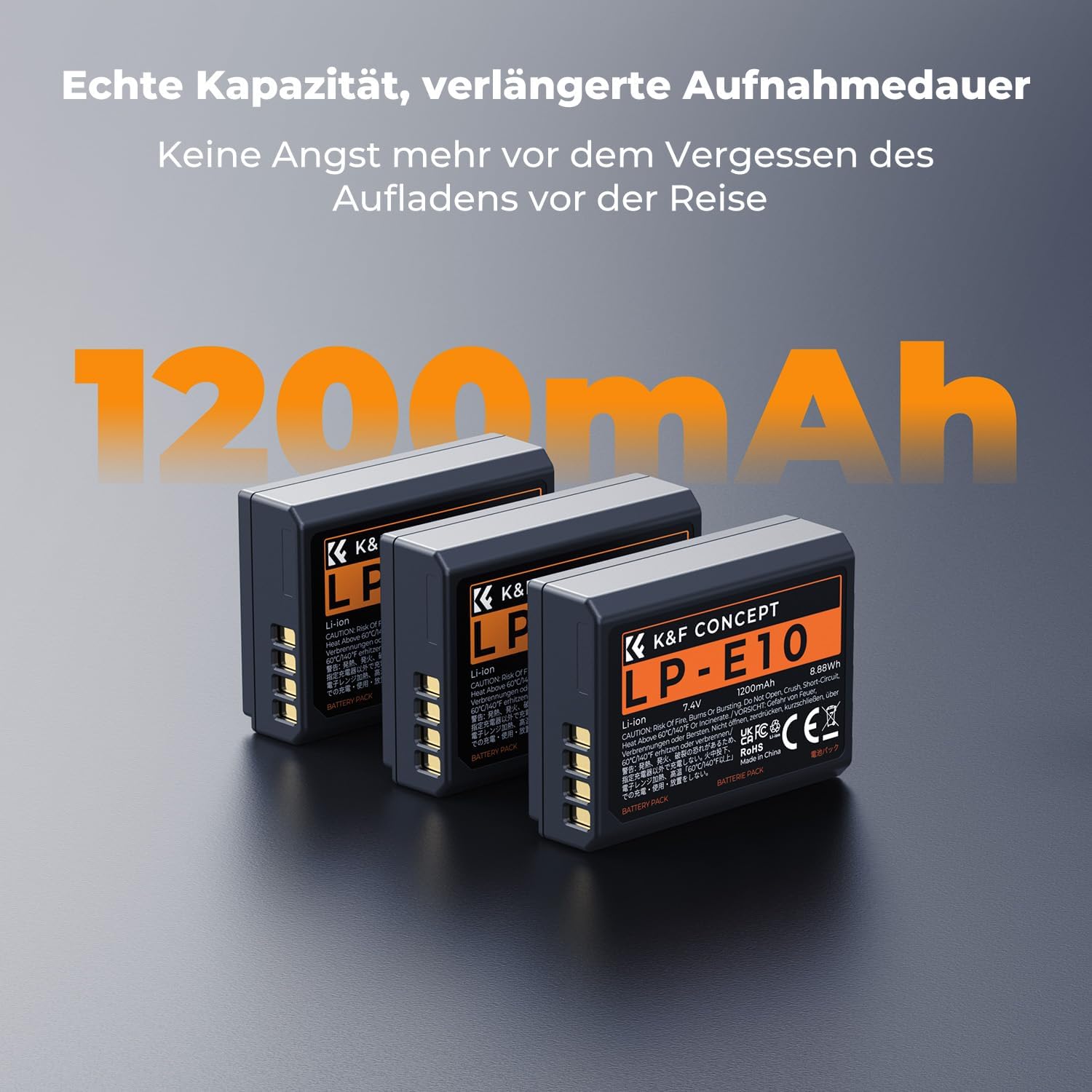 Detalle de K&F CONCEPT LP-E10 Akku 3er-Pack mit LCD-Ladegerät – kompatibel mit Canon EOS Modellen