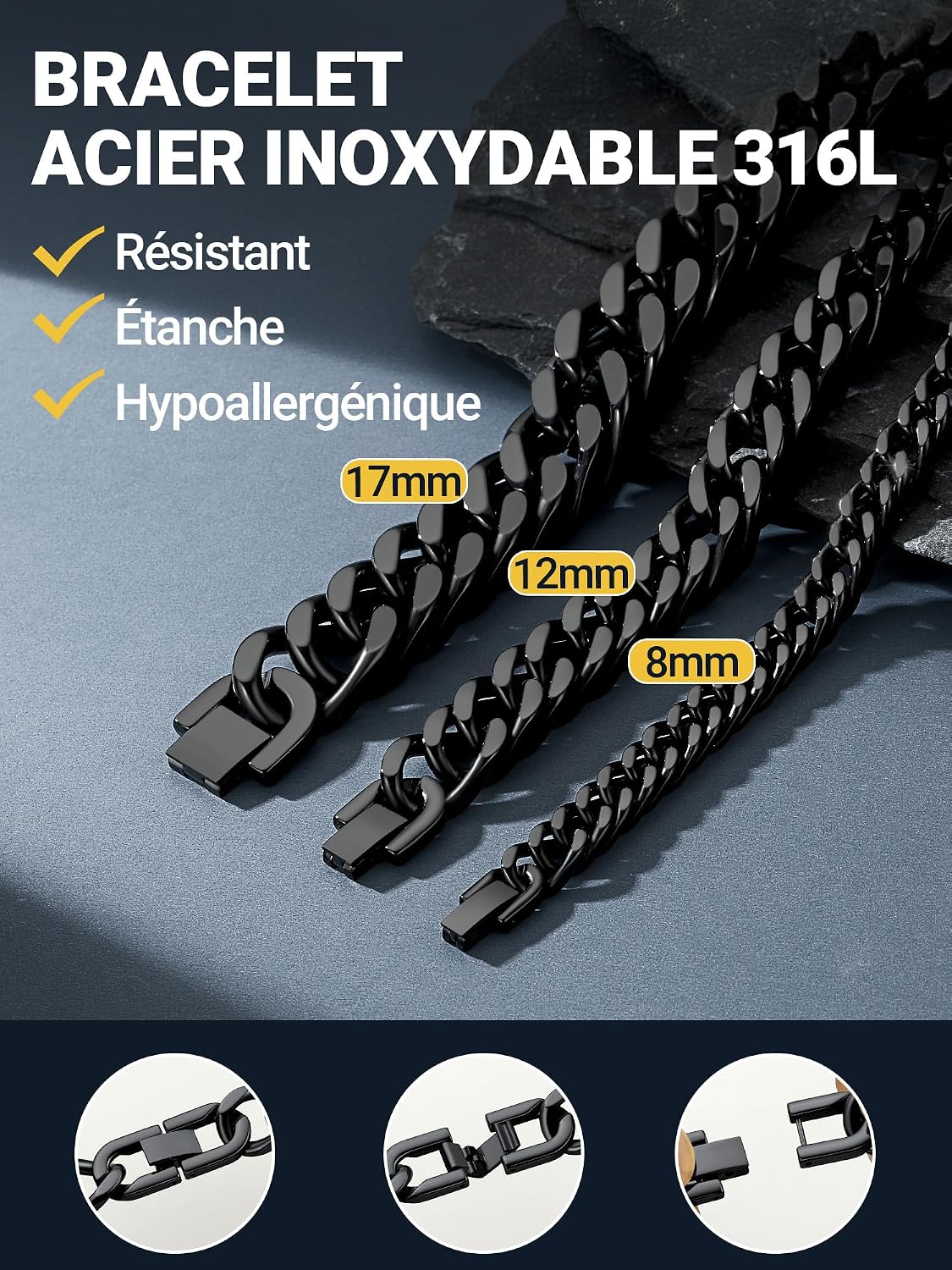 Detalle 2 de PROSTEEL Gourmette homme en acier inoxydable 316L (19, 21 ou 23 cm) plaqué or/noir, maillons larges