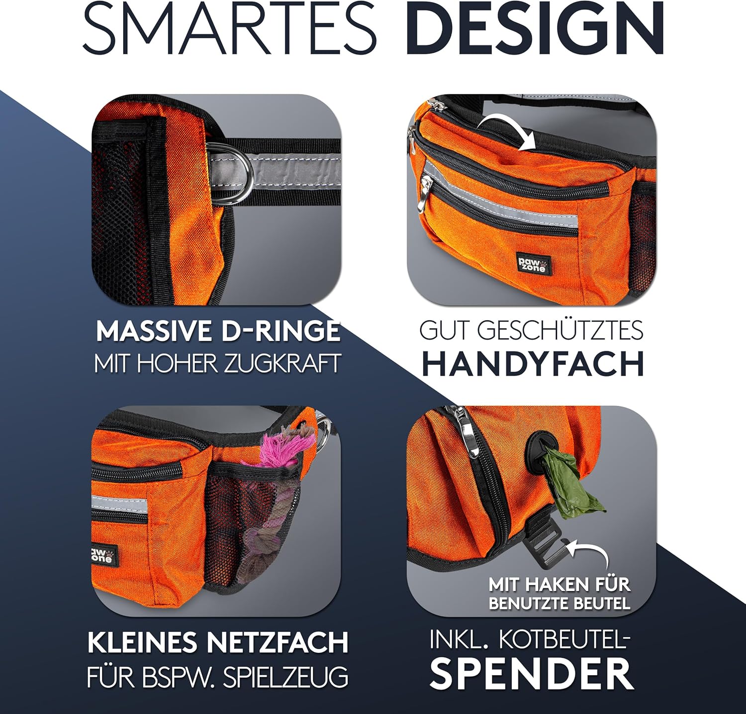 Detalle de PAWZONE Leckerlibeutel für Hunde mit Bauchtasche, reflektierendes Band & Zusatzgurt (Neon Orange)