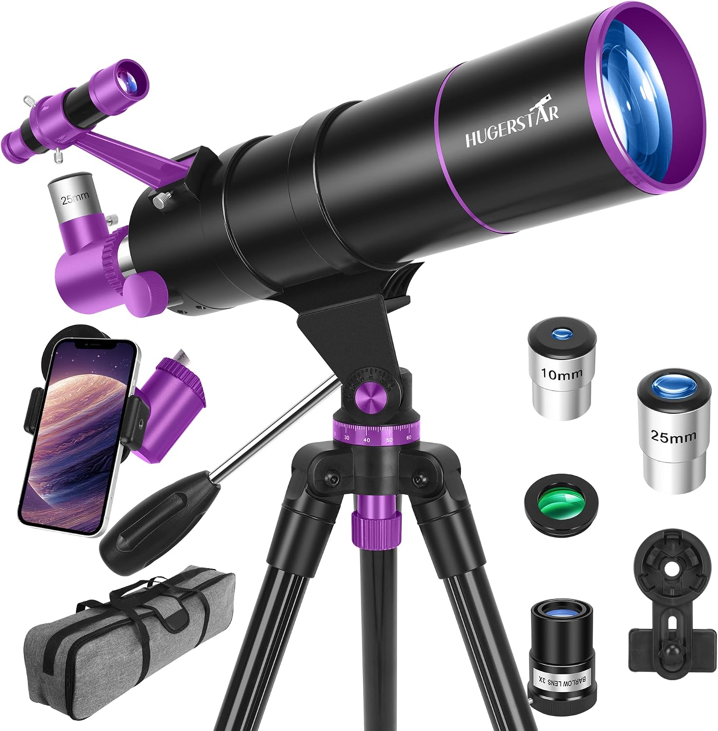 Detalle de HUGERSTAR telescopio astronomico rifrattore 90/550 mm con treppiede regolabile, filtro lunare e adattatore per smartphone