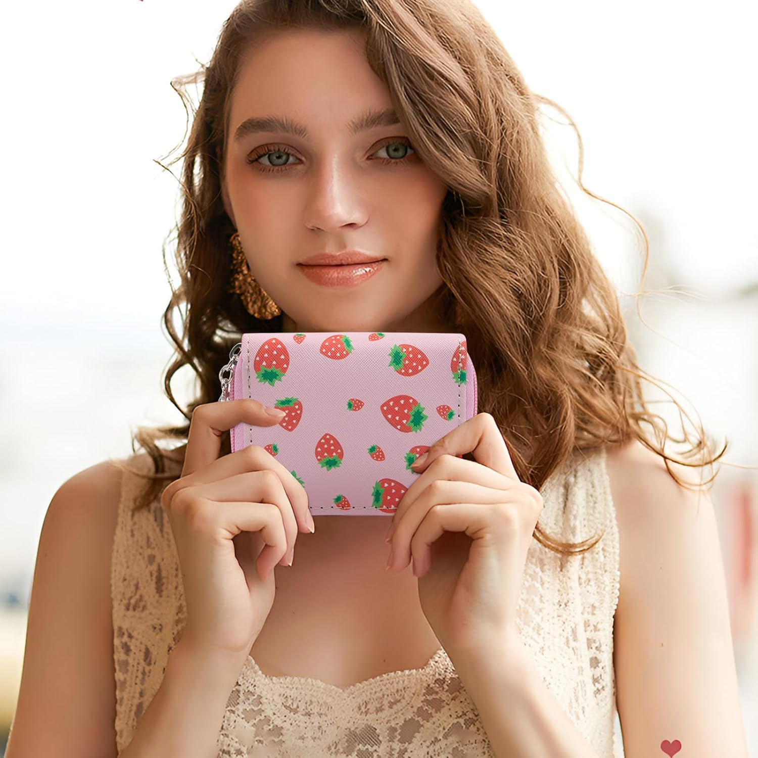 Detalle de LJCZKA Credit Card Holder with Zipper - Strawberry Cute Leather Wallet for Women (Pink)
