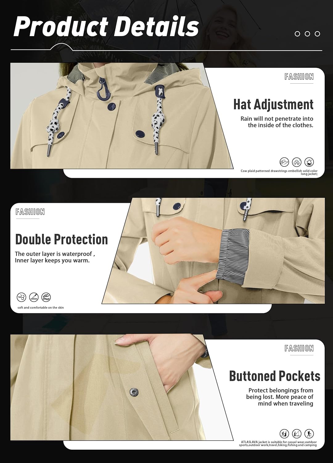 Thumbnail 4 de ATLASLAVA Rain Jacket Women: Waterproof, Lightweight Long Hooded Raincoat