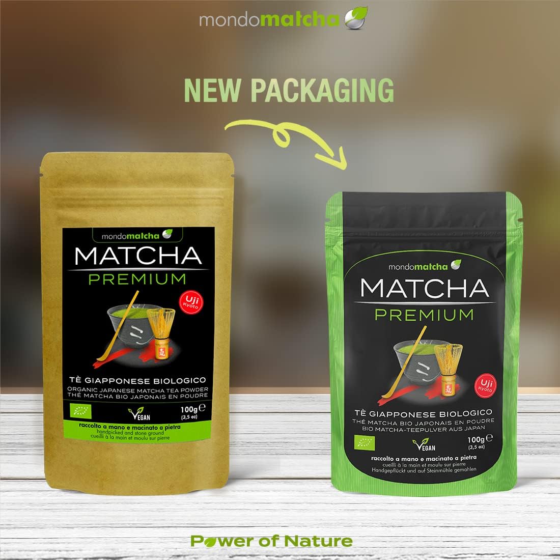 Detalle de Mondomatcha Tè Verde Matcha Bio Giapponese - Premium da Uji, raccolto a mano e macinato a pietra, 100g