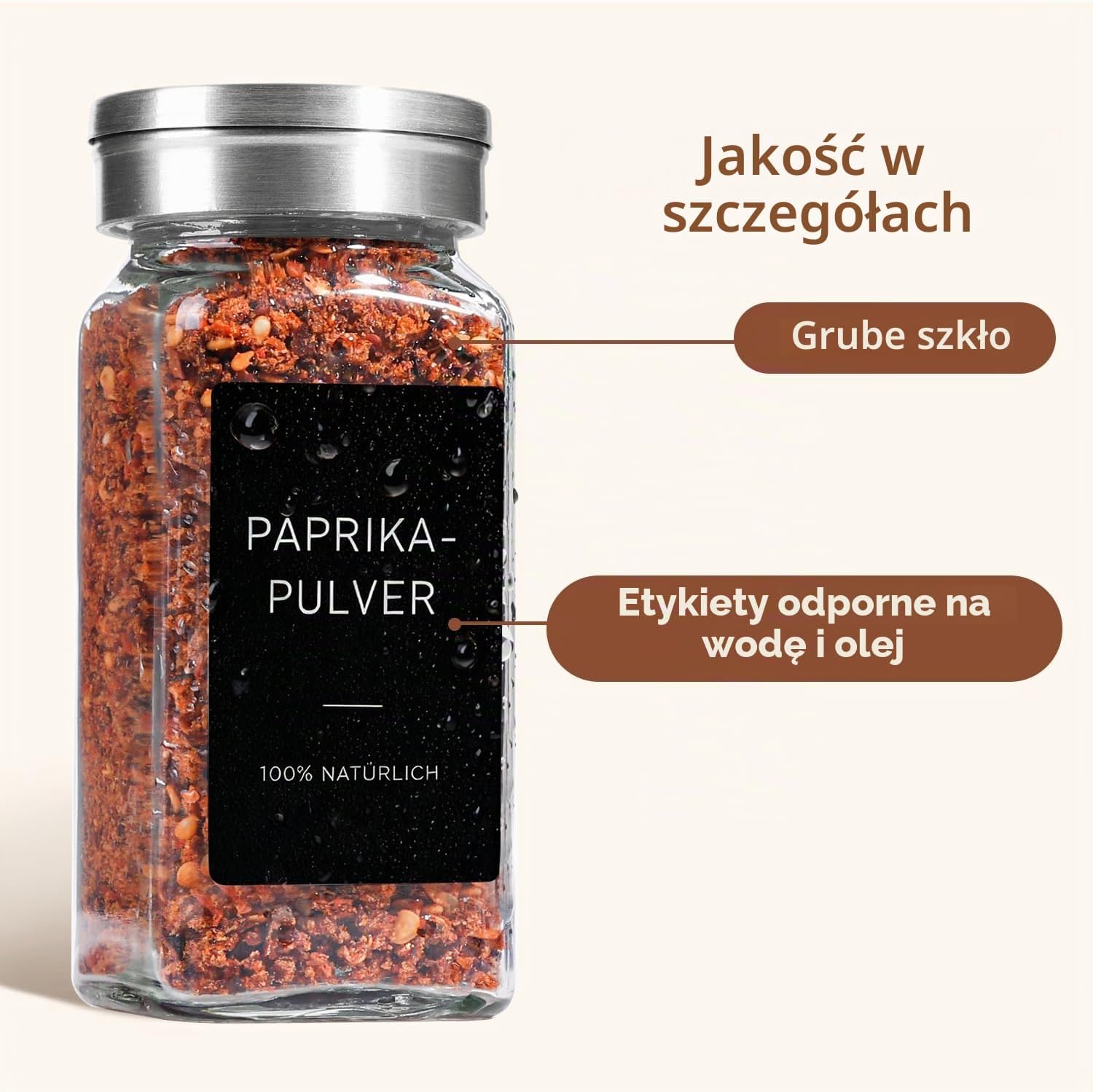 Detalle de ComSaf – kwadratowe szklane słoiczki na przyprawy 12 × 120 ml z etykietami