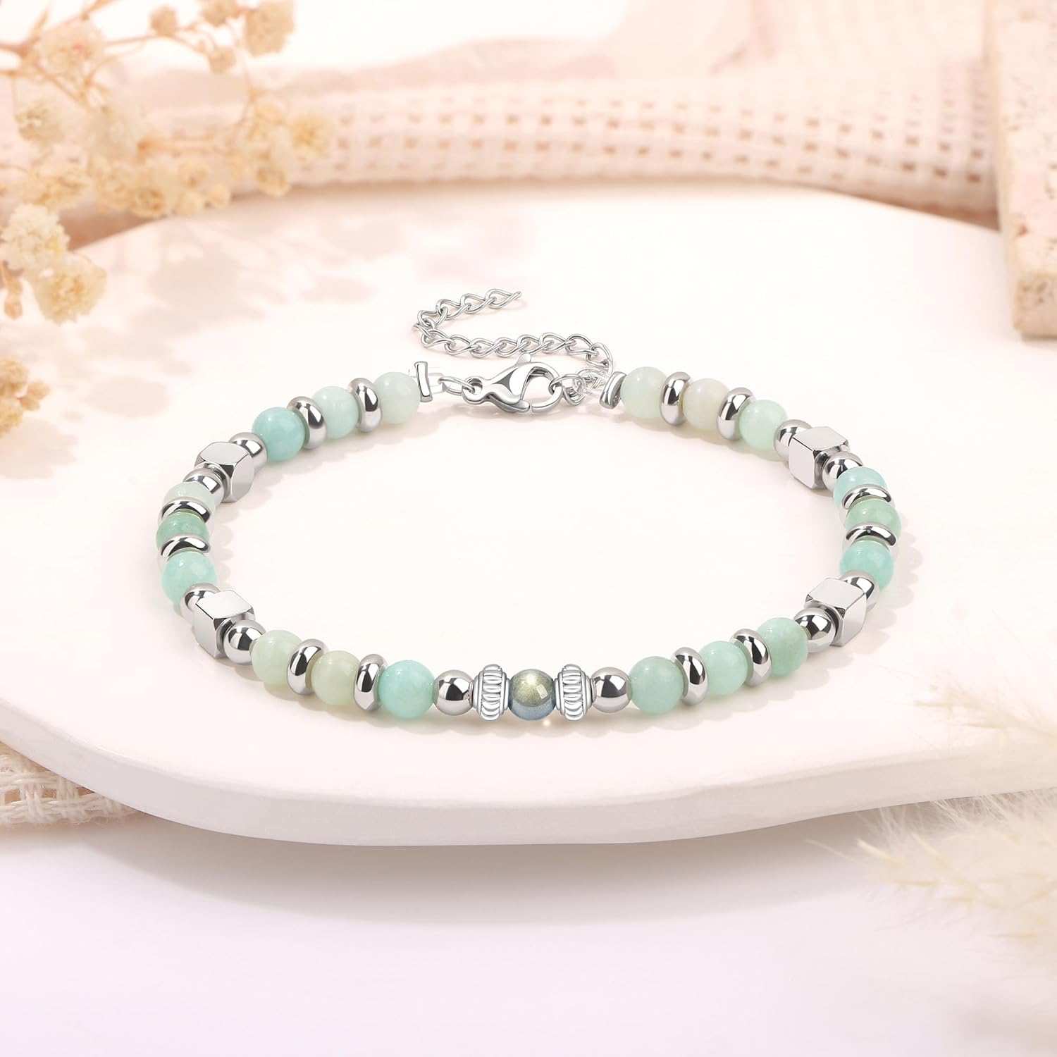 Detalle de Joycuff Gifts for Women Moonstone Bracelet with Amazonite and Stainless Steel Beads