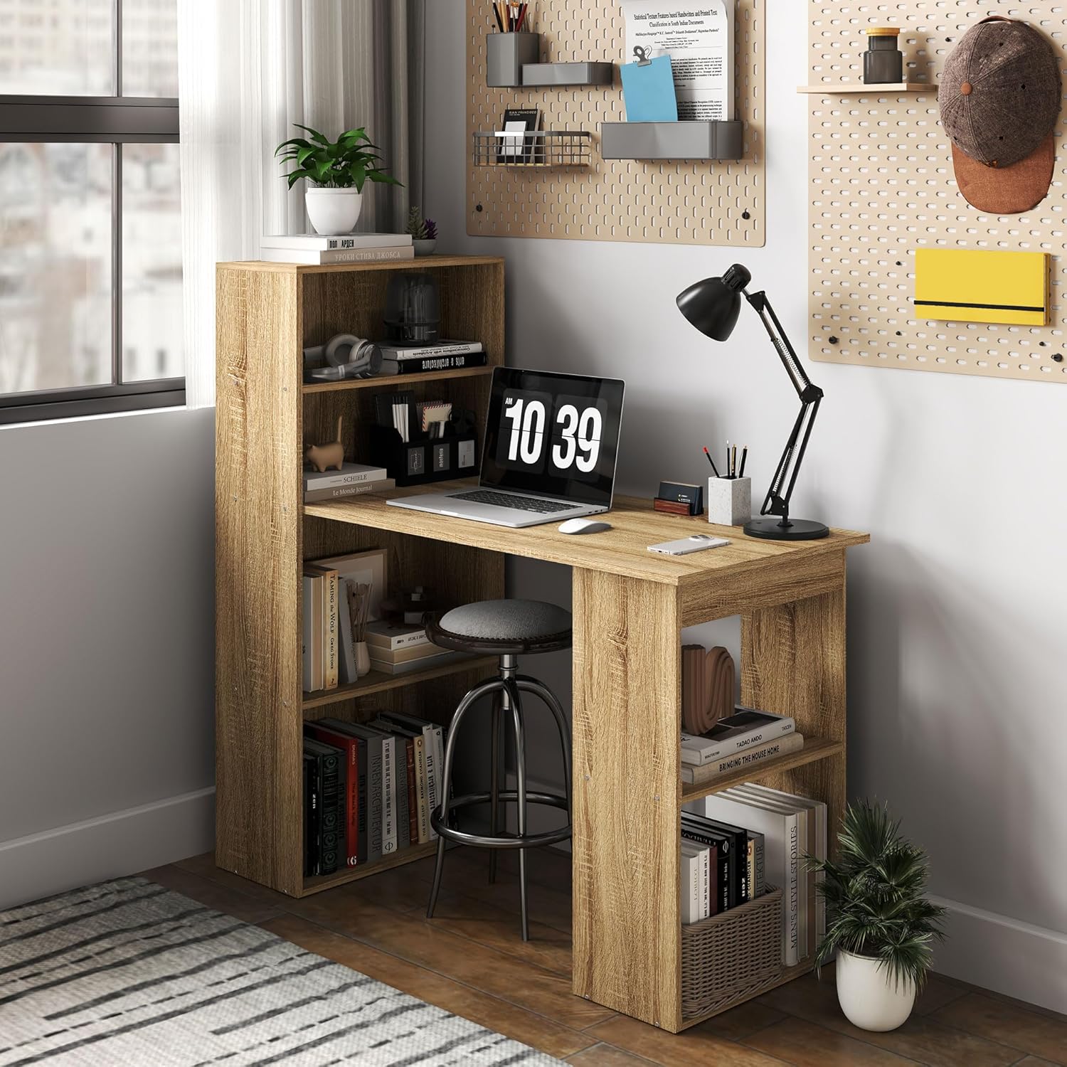Thumbnail 6 de HOMCOM Bureau Informatique avec Rangement – 120 x 55 x 120 cm, chêne (6 compartiments ouverts)