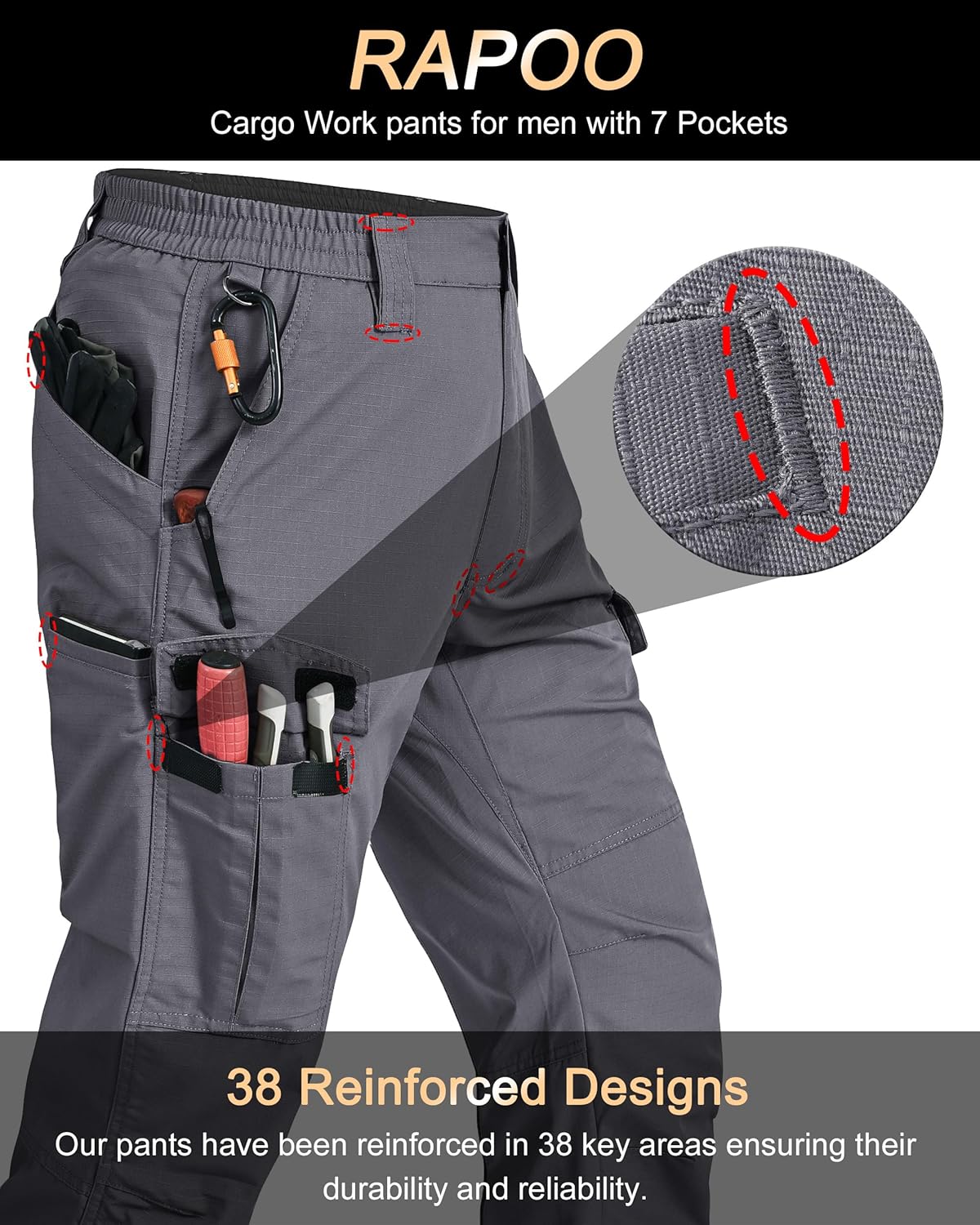 Detalle de Rapoo Cargohose Herren Outdoor Workwear – Ripstop-Taktische Hose mit 7 Taschen
