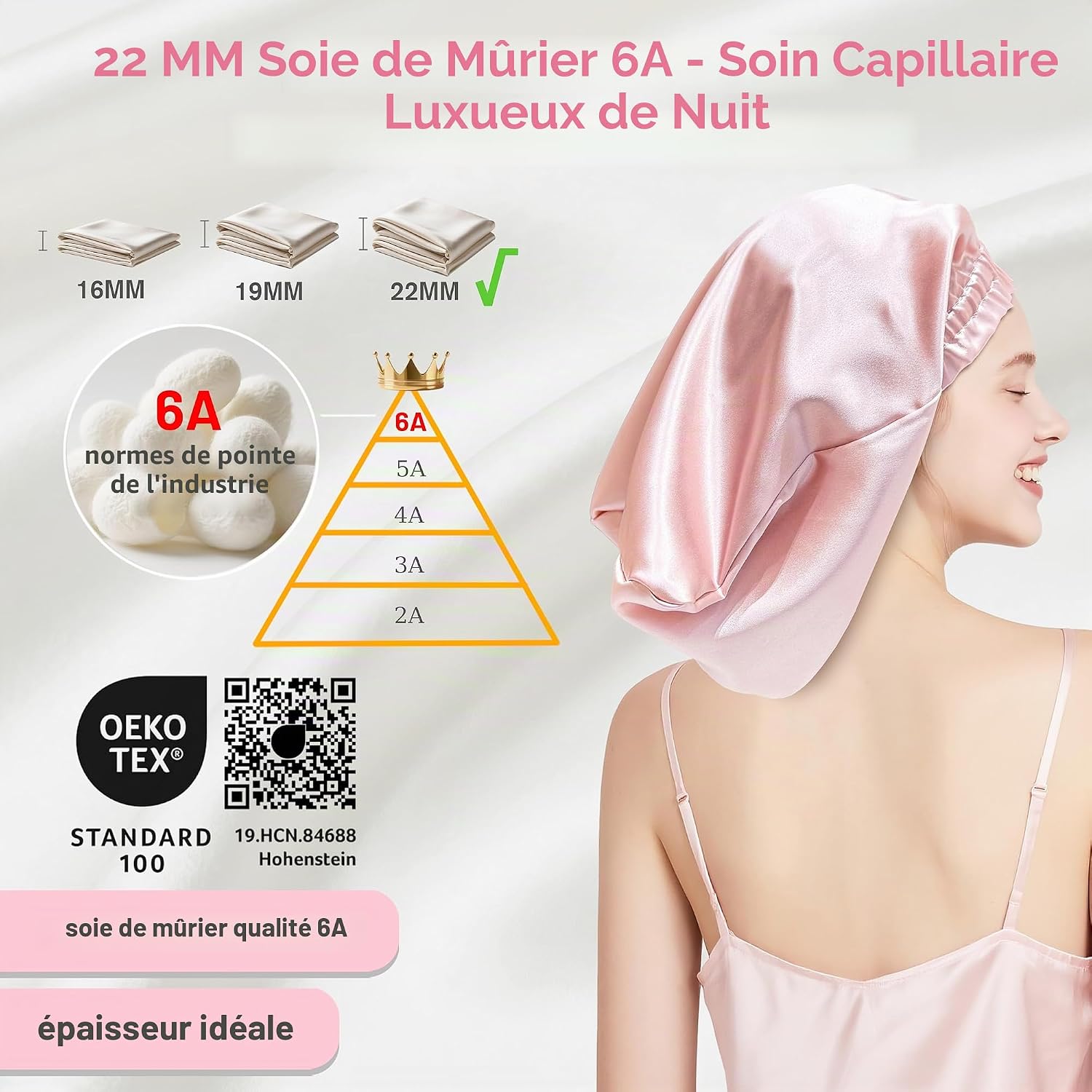 Thumbnail 1 de Townssilk Bonnet de nuit en soie 22 momme – DustyPink 32 cm, pour cheveux courts et mi-longs