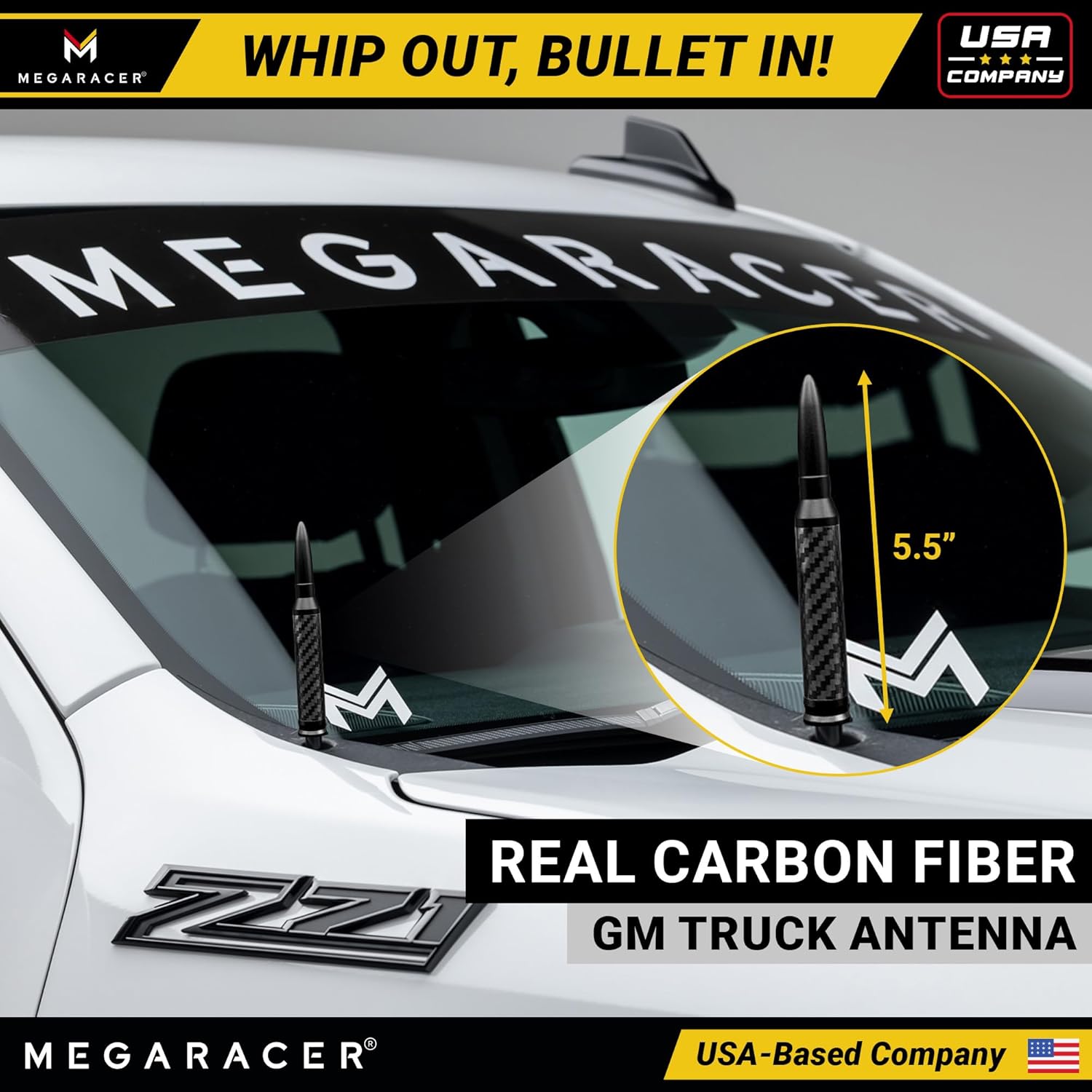 Thumbnail 1 de Anodized Black Carbon Fiber 50 Cal Bullet Antenna for Chevy Silverado & GMC Sierra (1999-2026) – Billet Aluminum Short Replacement