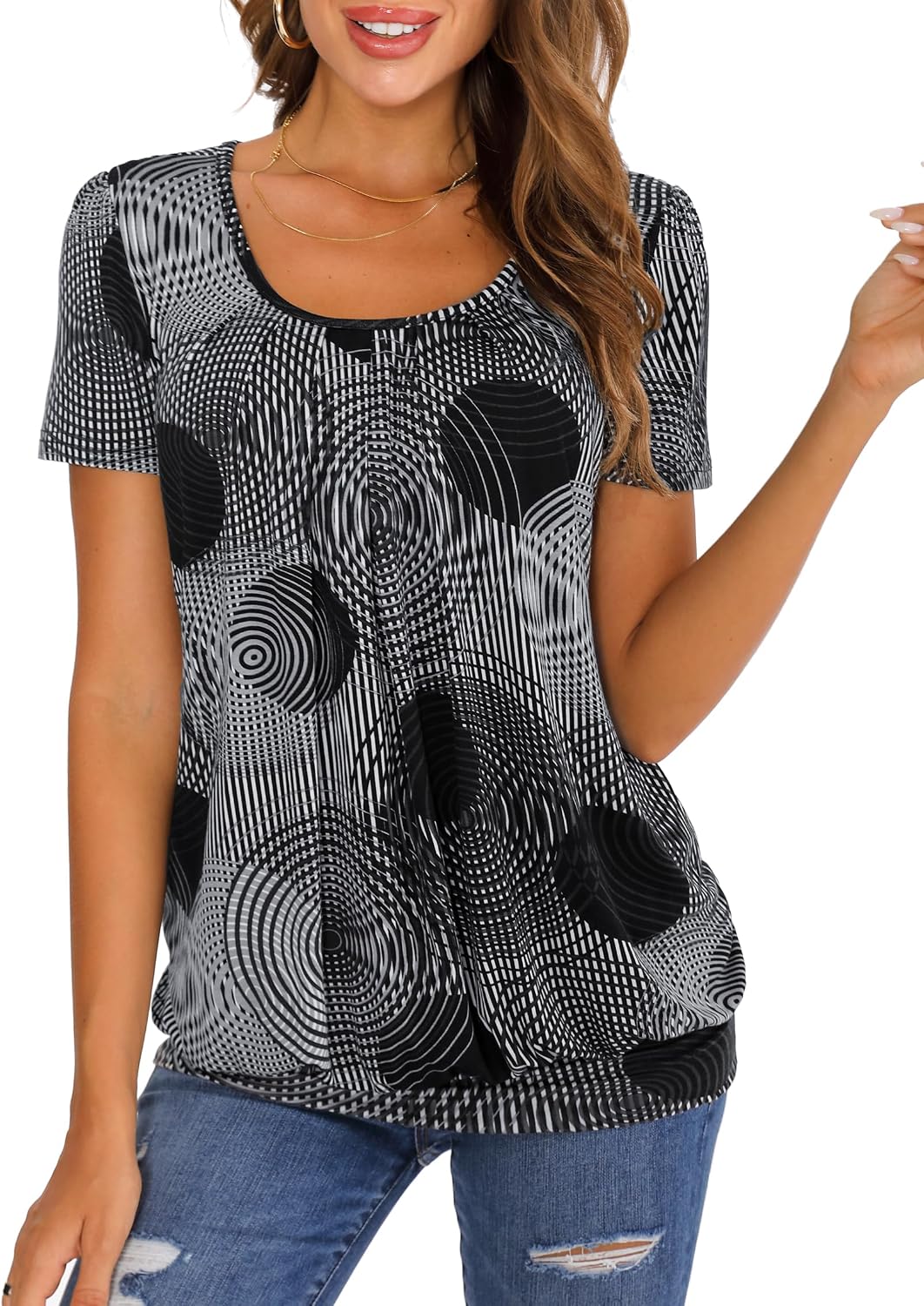 Thumbnail 6 de DJT Damen T-Shirt mit Rundhalsausschnitt, plissierter Vorderseite & Print – Kurzarm Sommeroberteil