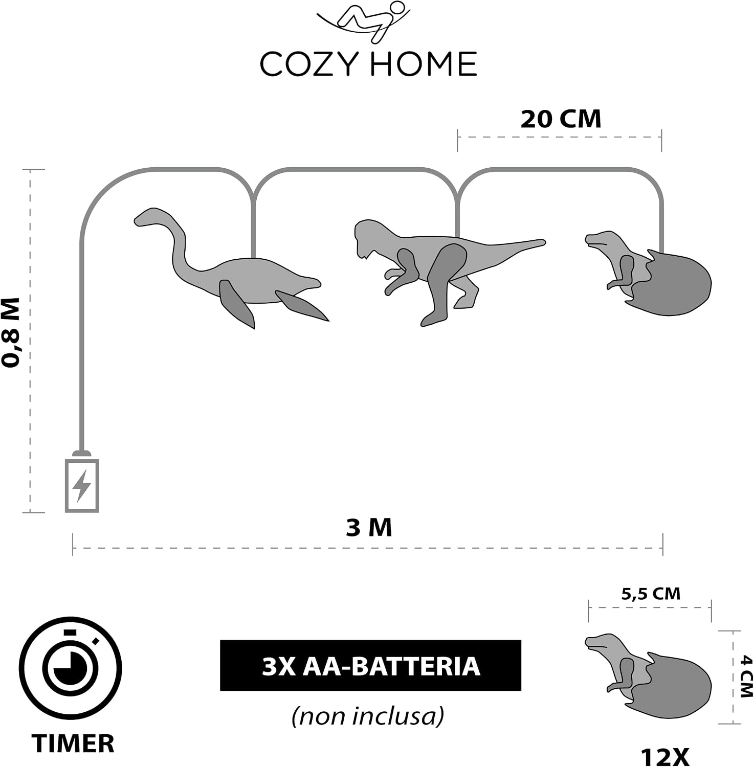 Detalle de CozyHome Lucine LED decorative a forma di dinosauro, 4 metri con spina e 12 figure