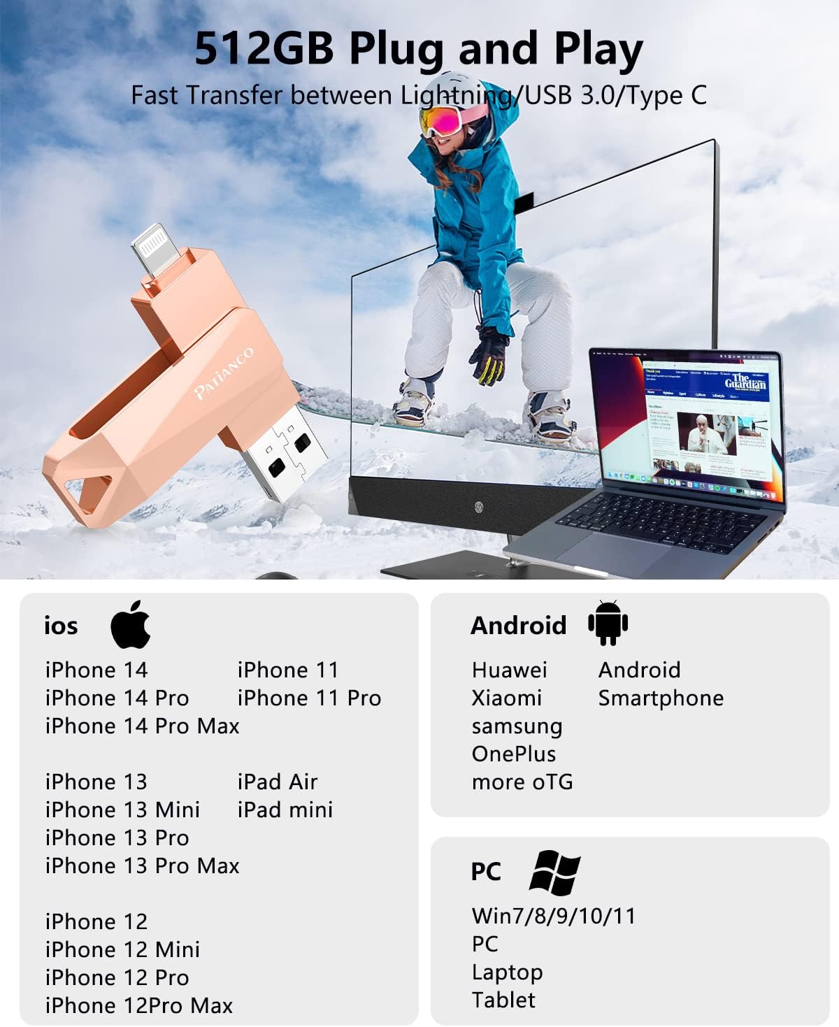 Thumbnail 3 de Patianco Chiavetta USB 512GB 3-in-1 (Lightning/Type-C/USB 3.0) – MFi Certificata, Rosa