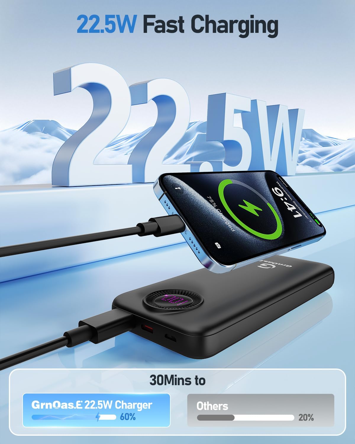 Detalle de GrnOas.E K51-26-F 10,000mAh 22.5W Power Bank with Built-In Cables