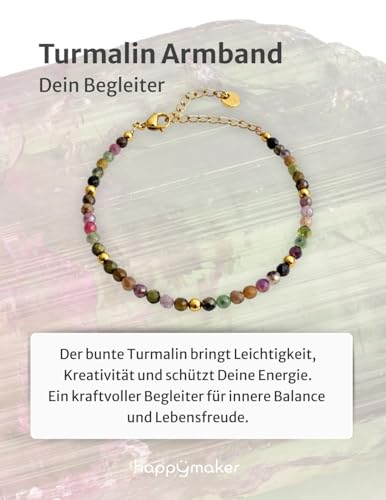 Detalle de Happymaker - Bracciale Donna con Tormalina Multicolore, Pietra Naturale, Perline e Chiusura in Acciaio Inox Placcato Oro 18K, Fatto a Mano in Germania