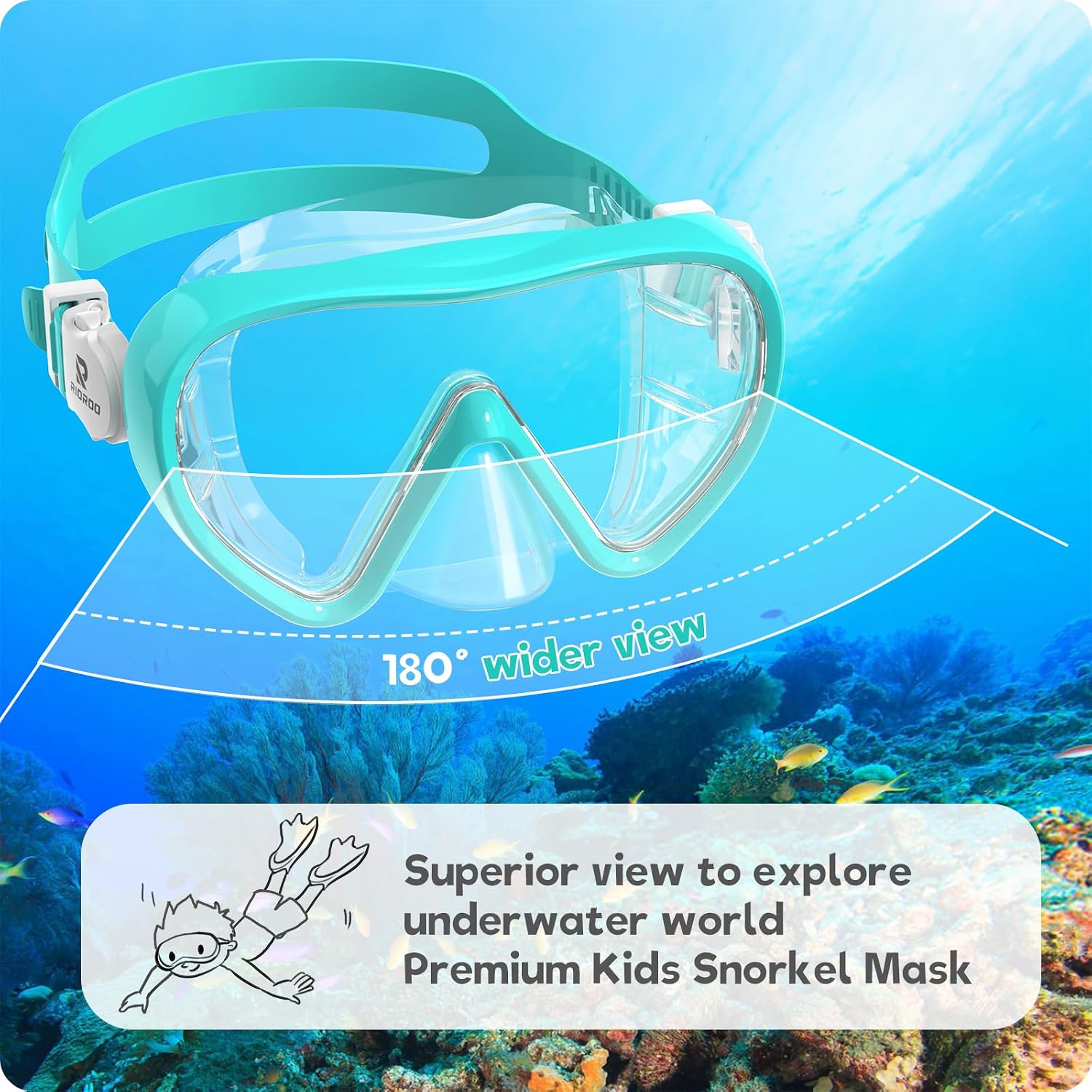 Thumbnail 2 de RIOROO Kinder-Tauchbrille mit 180° Panorama, Nasenabdeckung und Anti-Beschlag (6–16 Jahre)