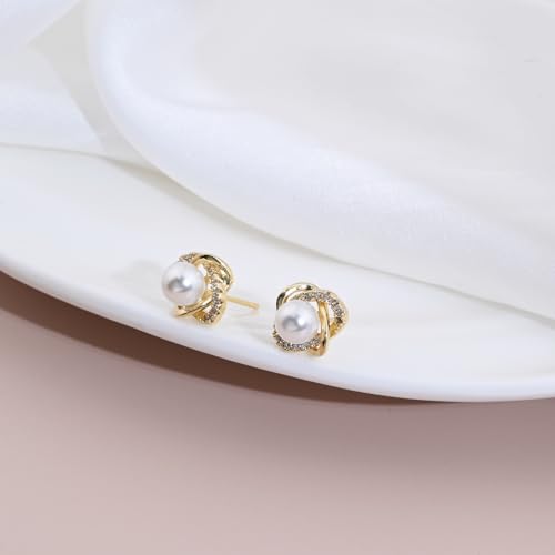 Detalle de Weviway 14K Gold Plated Pearl Stud Earrings for Women – 925 Sterling Silver with Cubic Zirconia