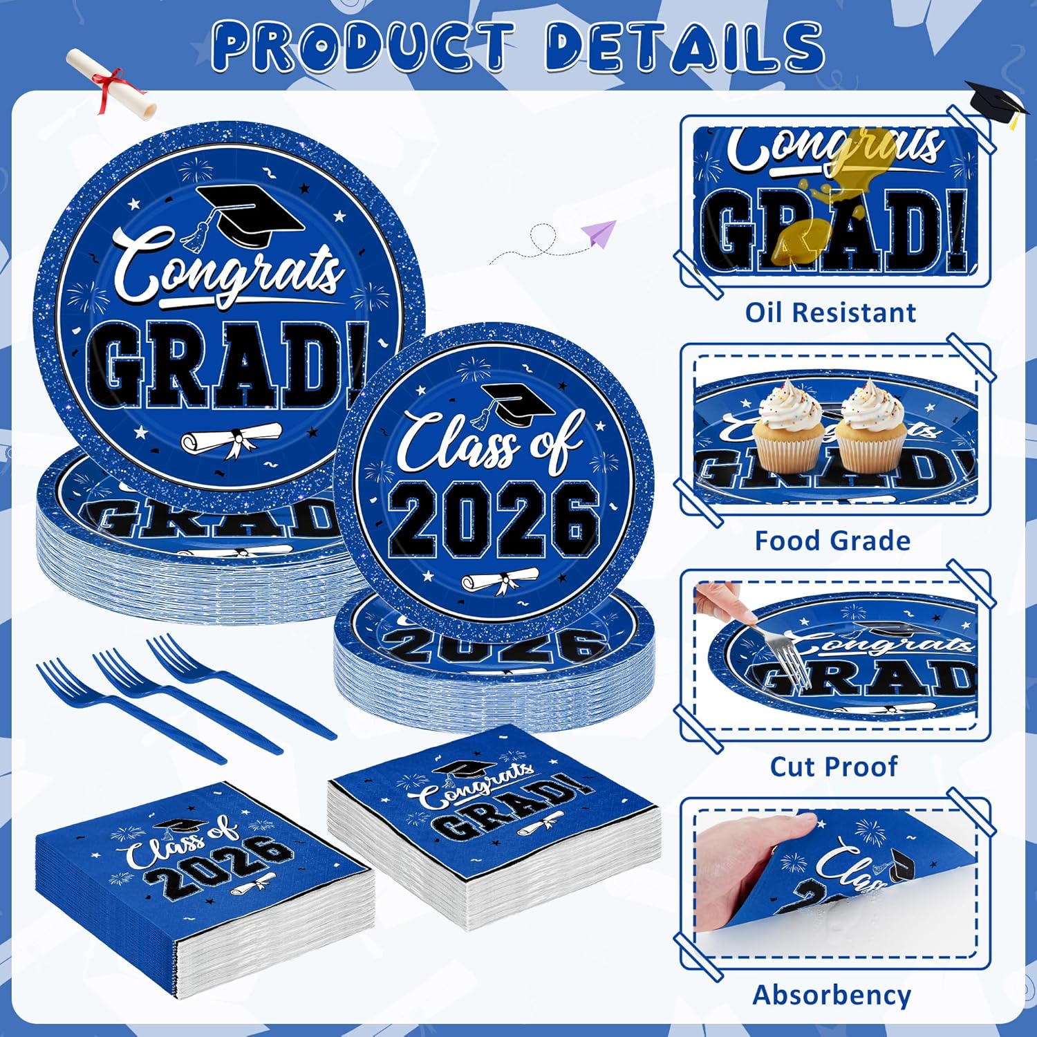 Detalle de 200-Piece 2026 Graduation Decorations Set (Blue Plates, Napkins & Forks) for 50 Guests