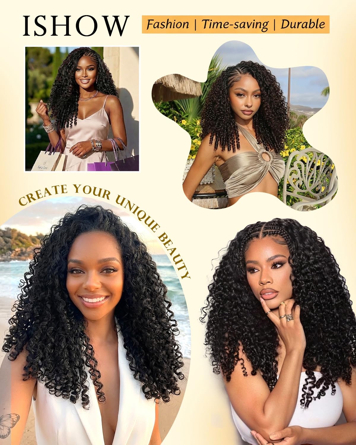 Thumbnail 5 de ISHOW Burmese Curly Crochet Hair 16", 55g, 40 Strands, Pre-Looped, Natural Black