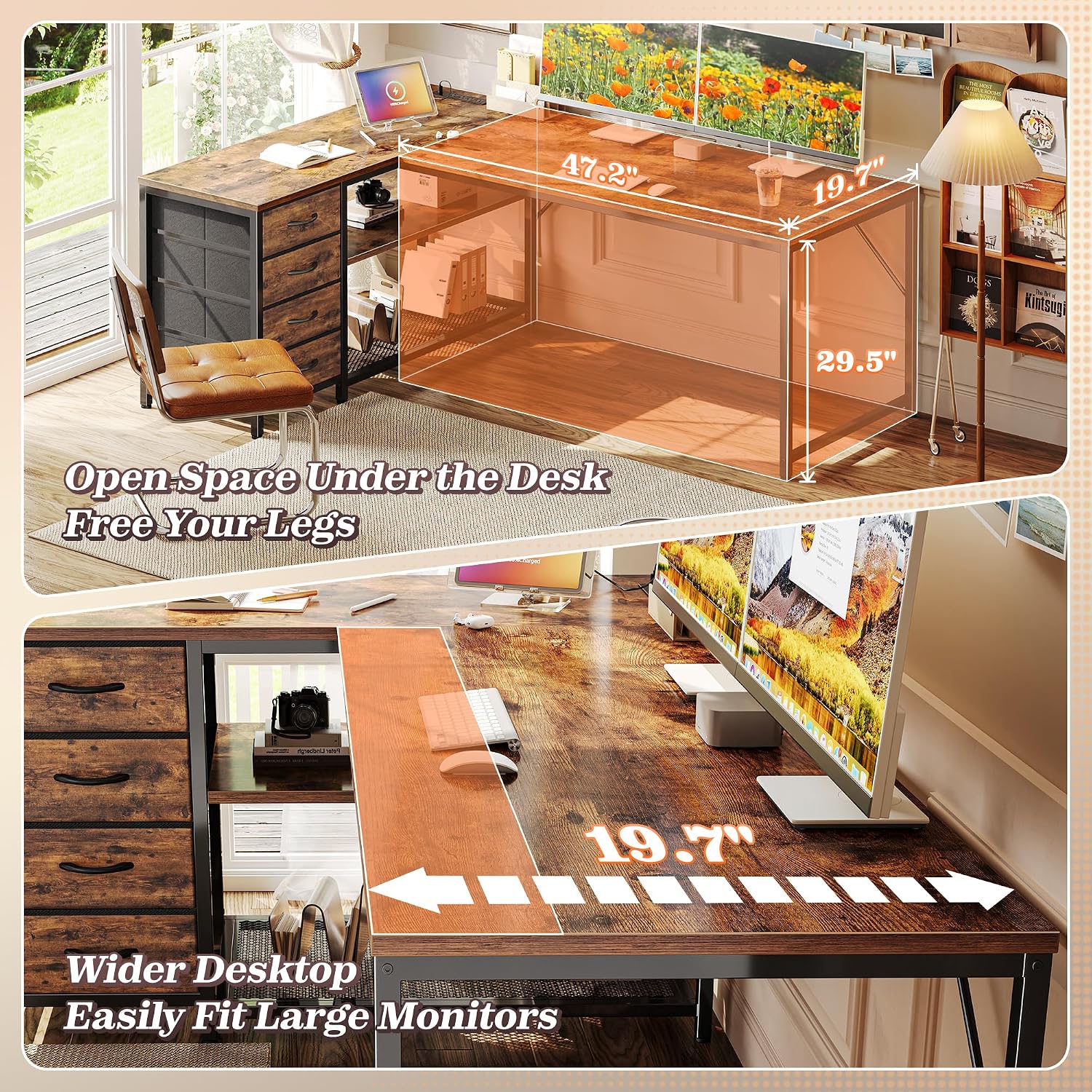 Detalle 2 de PRAISUN 61" L-Shaped Desk with Power Outlets, 4 Drawers, Rustic Brown