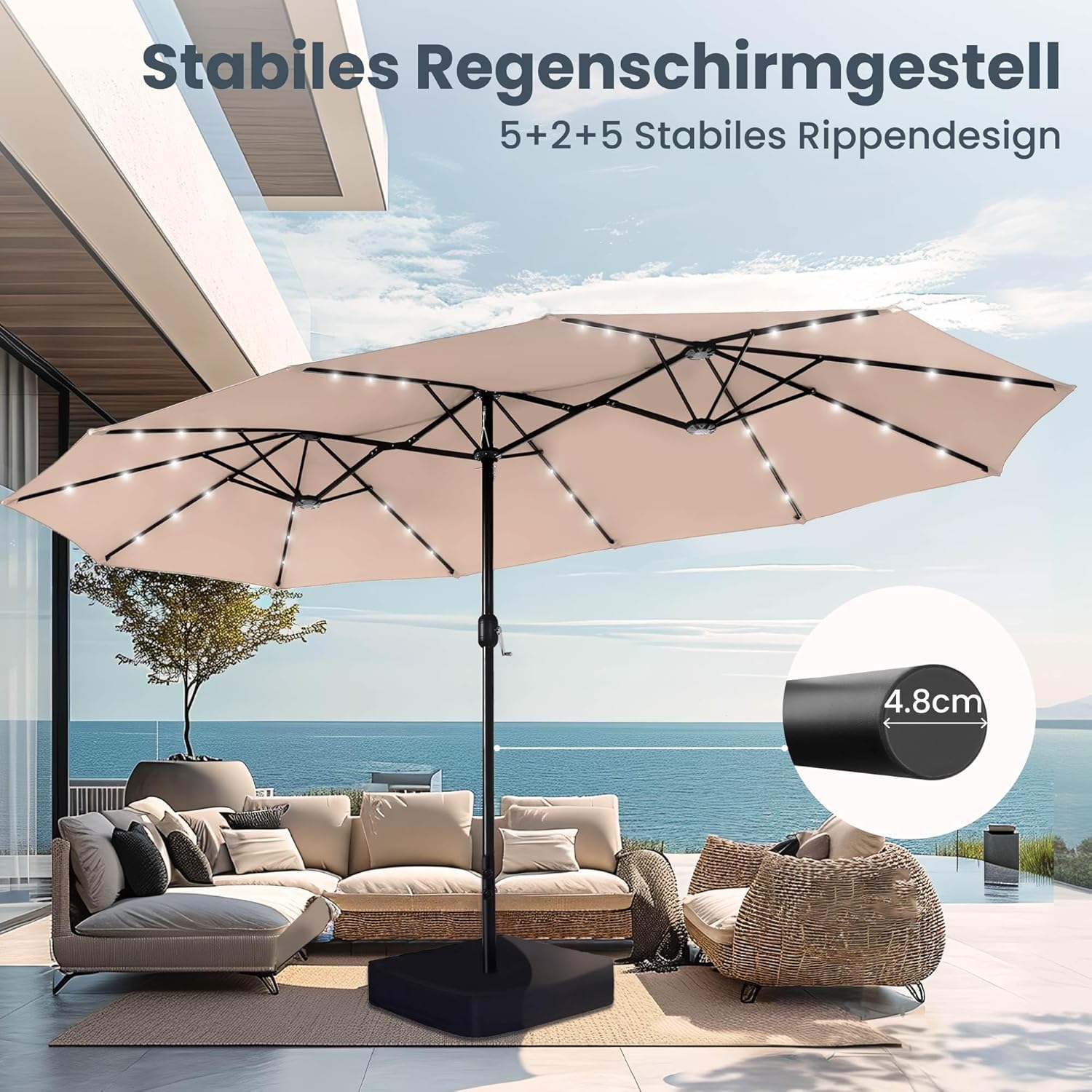 Thumbnail 3 de PHI VILLA Rechteck-Sonnenschirm mit Ständer 270 × 450 cm inkl. Kurbel, LED-Optik & UV-Schutz