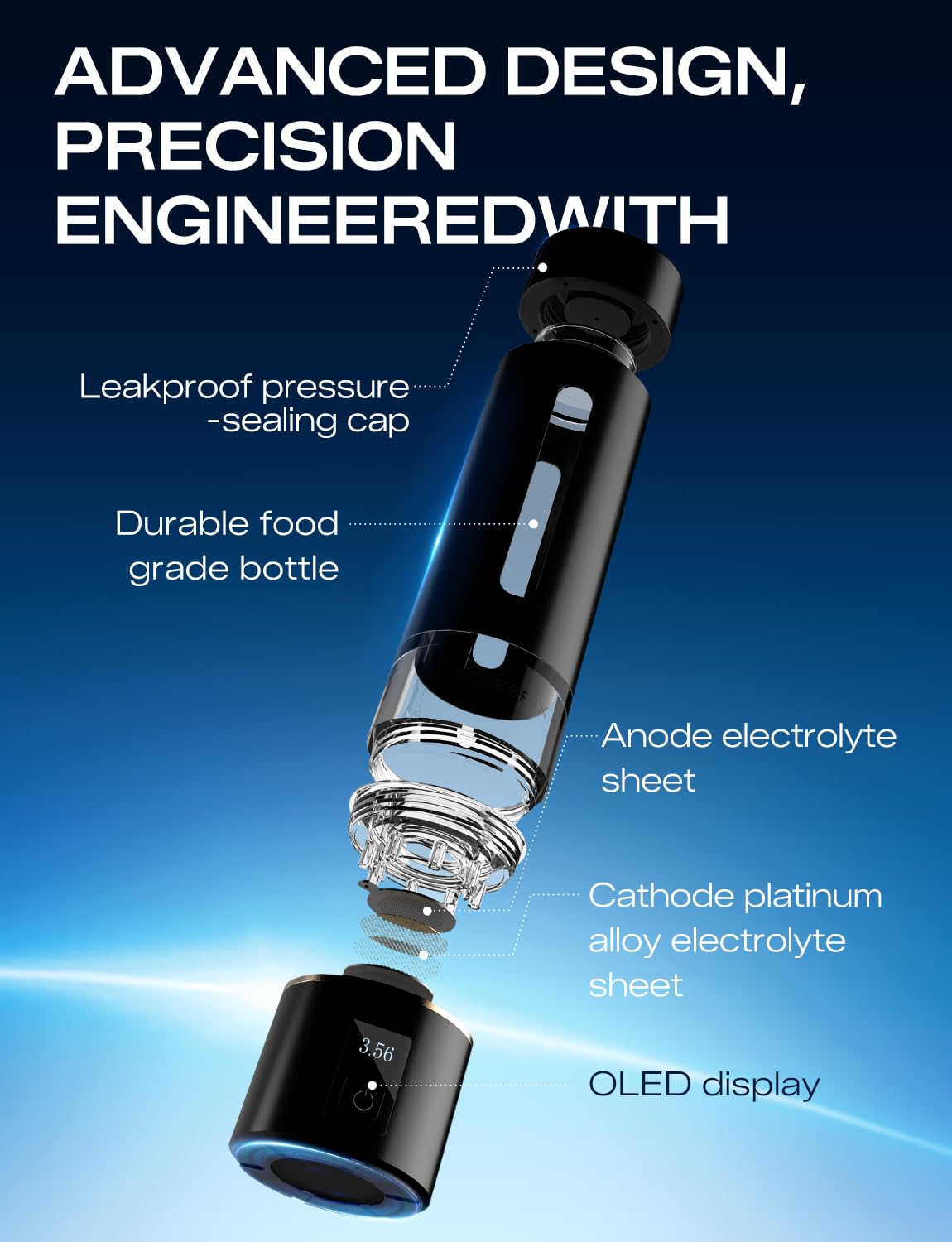 Thumbnail 6 de PUREPEBRIX Hydrogen Water Bottle Generator (Up to 8100 PPB) — Portable Molecular Hydrogen Bottle, Black