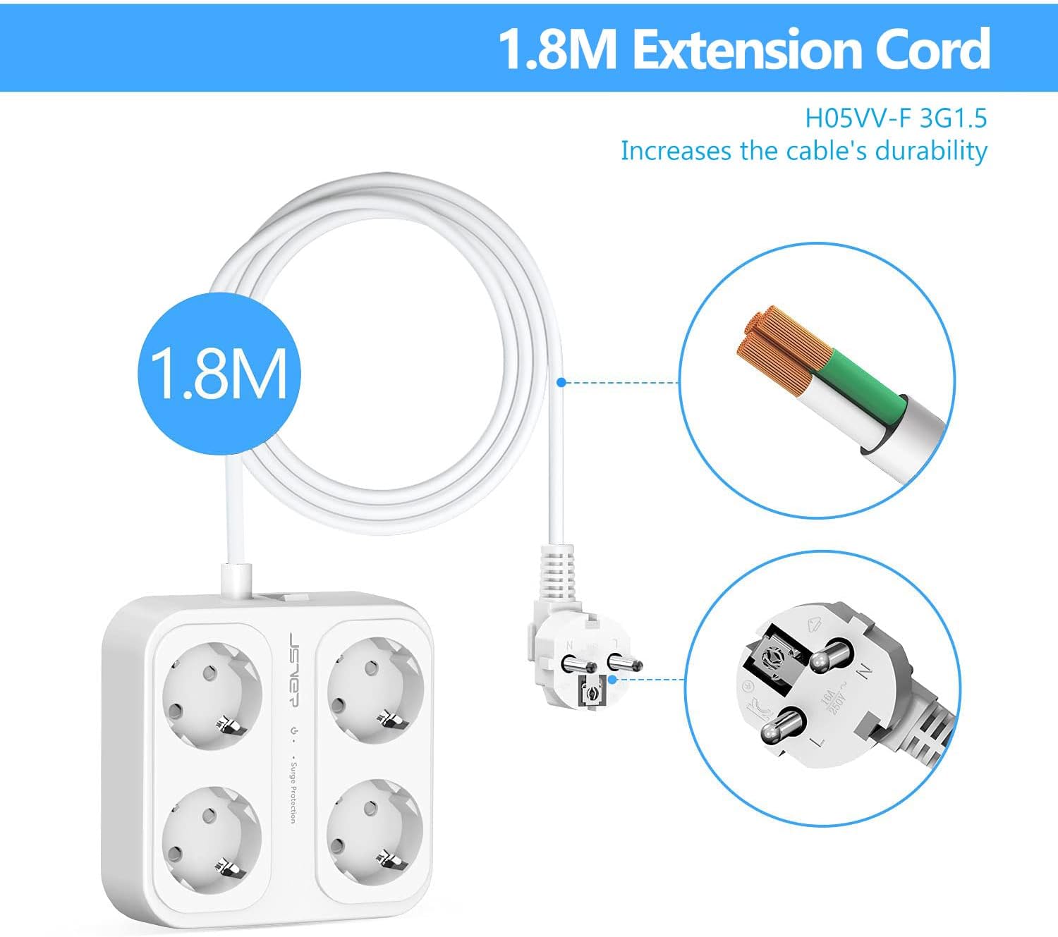 Detalle de JSVER Steckdosenleiste 4-fach USB + USB-C, Wandmontage, 1,8 m Kabel, 1050 J Überspannungsschutz