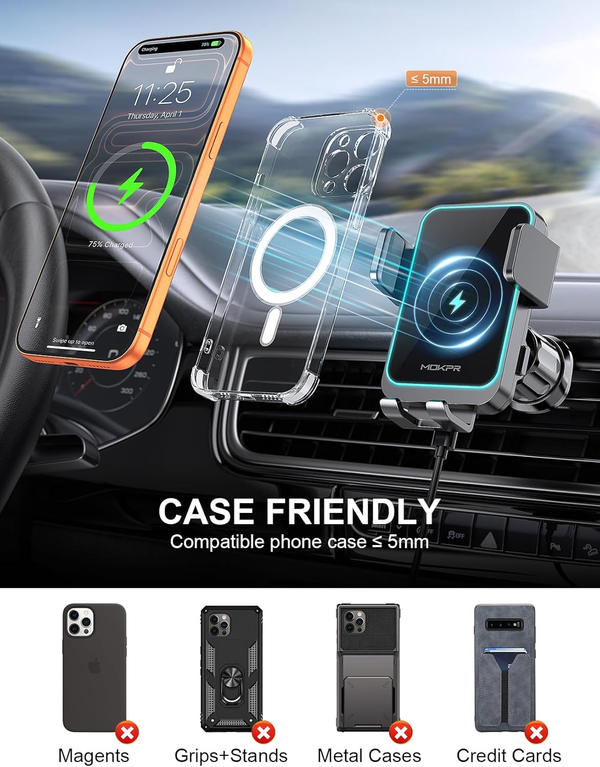 Detalle 2 de MOKPR Car Phone Holder Wireless Charger (15W) with Auto-Clamping Arms, 360° Rotation