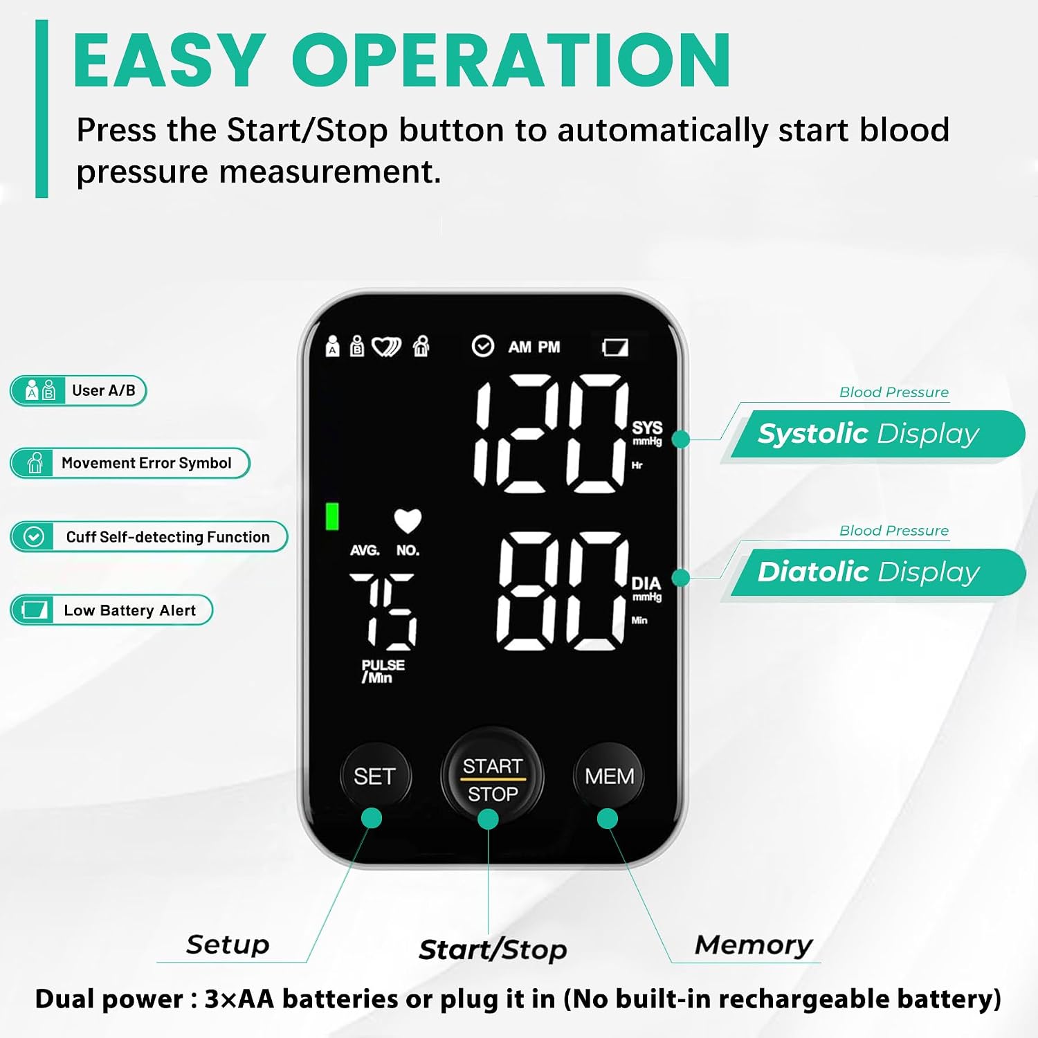 Detalle de Oklar C02 Upper Arm Blood Pressure Monitor, Dual Power, 240-Reading Memory