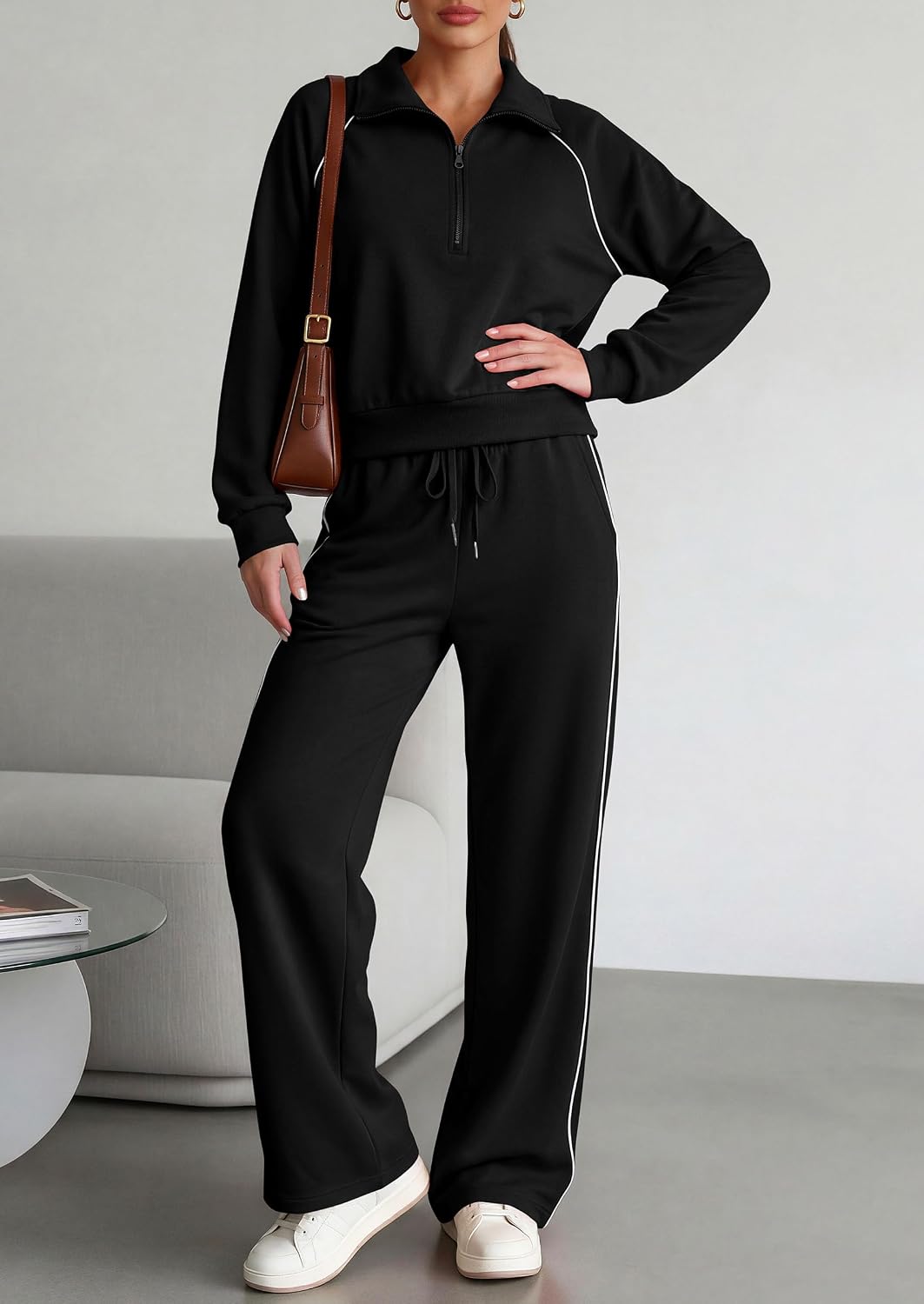 Detalle de PRETTYGARDEN Women's 2 Piece Tracksuit Set: Cozy Lapel Half Zip Sweatshirt + Wide Leg Palazzo Pants