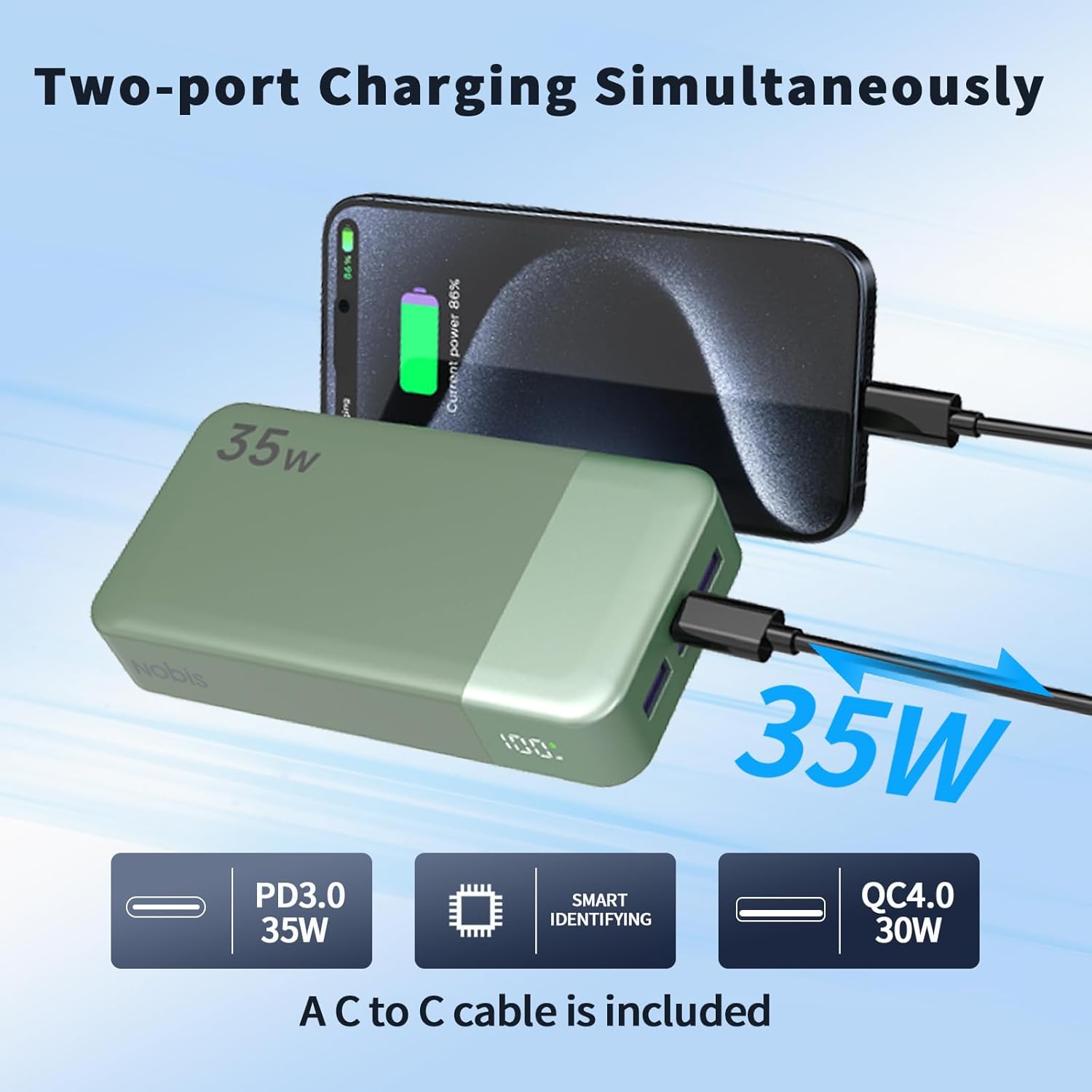 Thumbnail 2 de NOBIS 35W Power Bank 20000mAh with USB-C fast charging, 4 ports and LED display (Green)